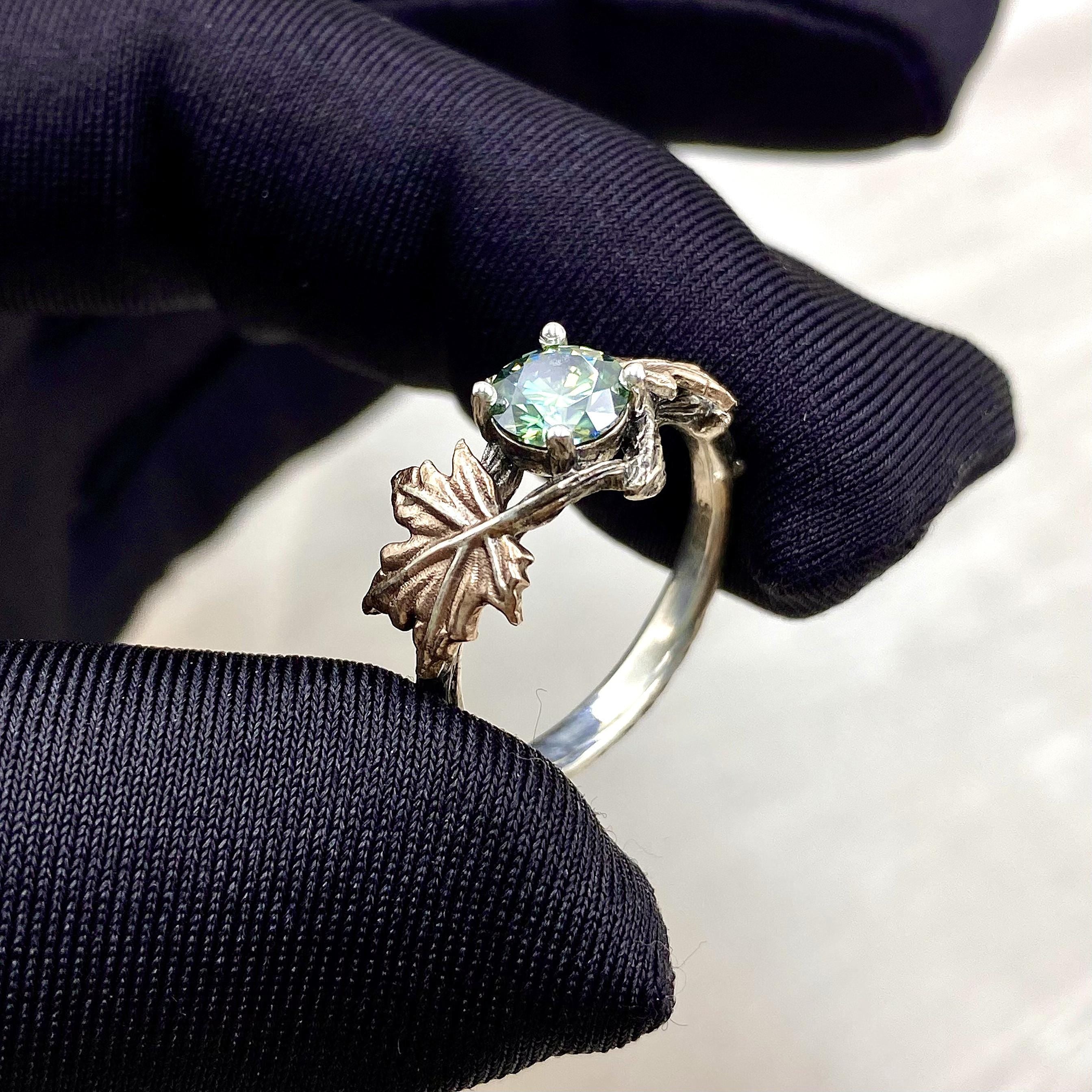 0.8 carat green moissanite tree branch ring, twig rustic rings, maple leaf ring, sterling silver engagement ring,  twig wedding ring