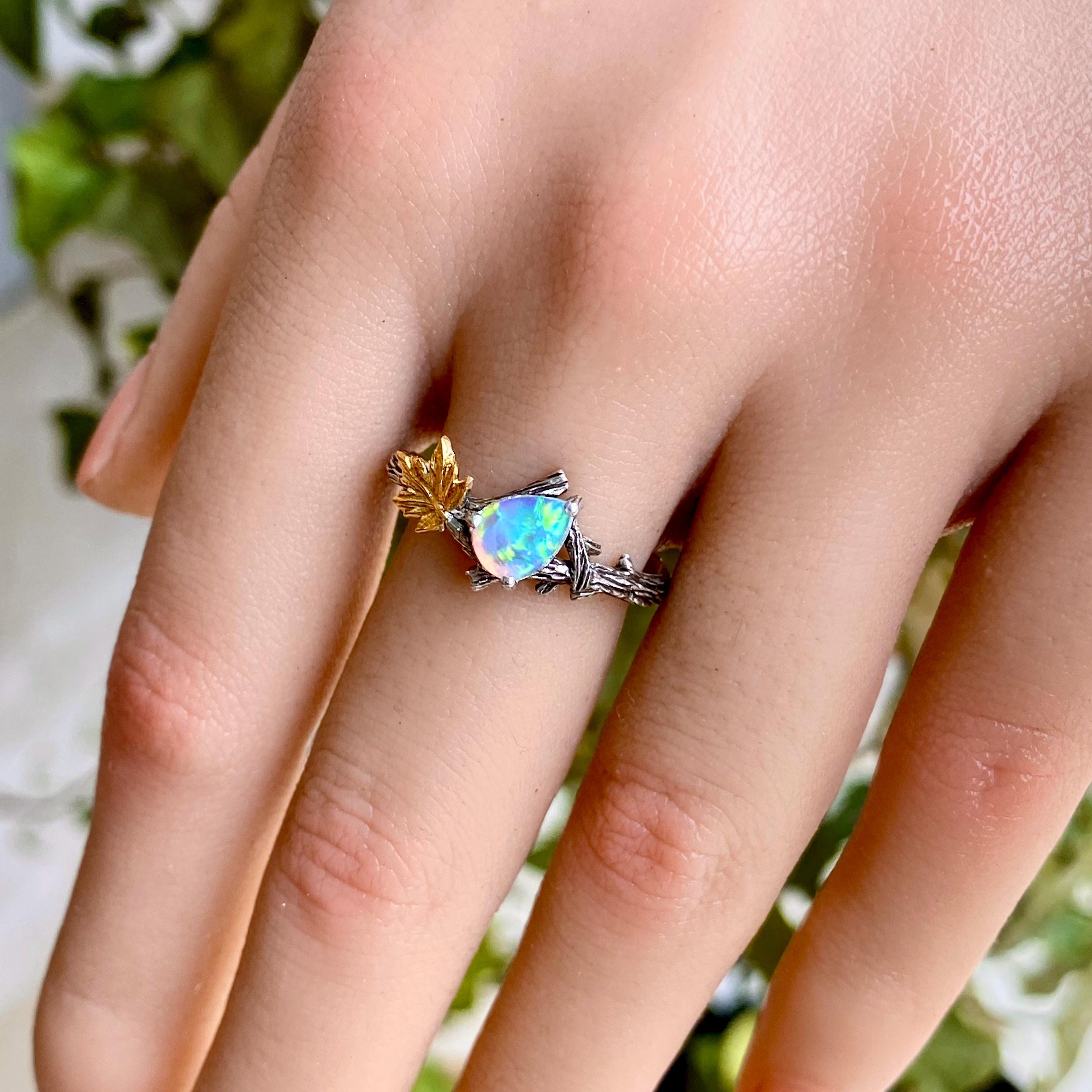 Custom opal branch sterling silver ring, maple branch ring, twig and leaf ring, engagement ring, october birthstone ring, unique gift