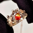 Twig Ring Set Wedding Watermelon Tourmaline Jewelry, Tourmaline Engagement Ring Set, Stacking Ring Sterling Silver, Ginkgo Leaf Ring