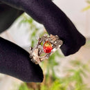 Twig Ring Set Wedding Watermelon Tourmaline Jewelry, Tourmaline Engagement Ring Set, Stacking Ring Sterling Silver, Ginkgo Leaf Ring