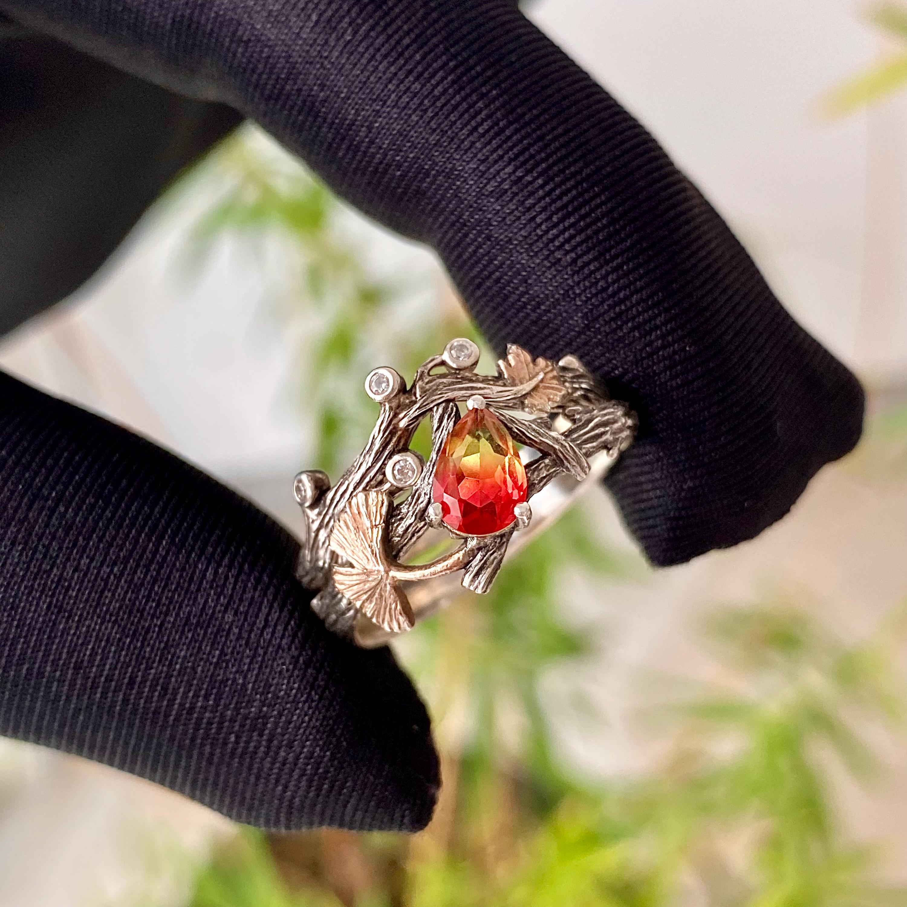 Twig Ring Set Wedding Watermelon Tourmaline Jewelry, Tourmaline Engagement Ring Set, Stacking Ring Sterling Silver, Ginkgo Leaf Ring