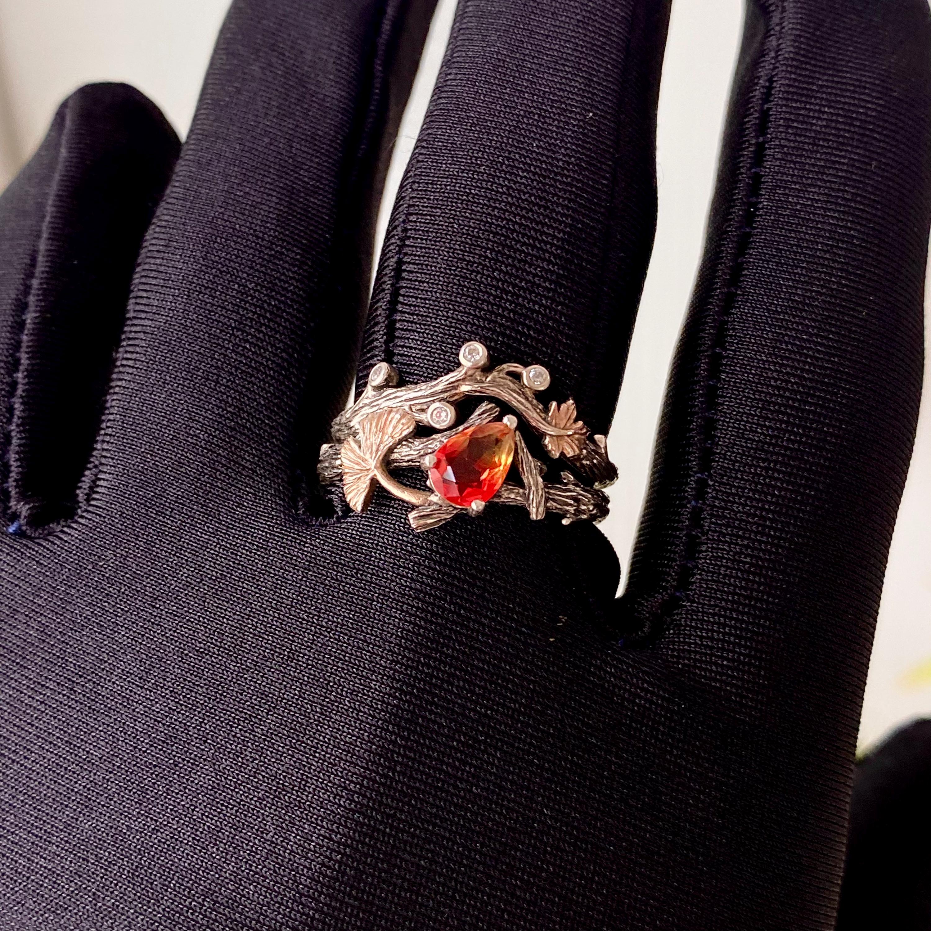 Twig Ring Set Wedding Watermelon Tourmaline Jewelry, Tourmaline Engagement Ring Set, Stacking Ring Sterling Silver, Ginkgo Leaf Ring