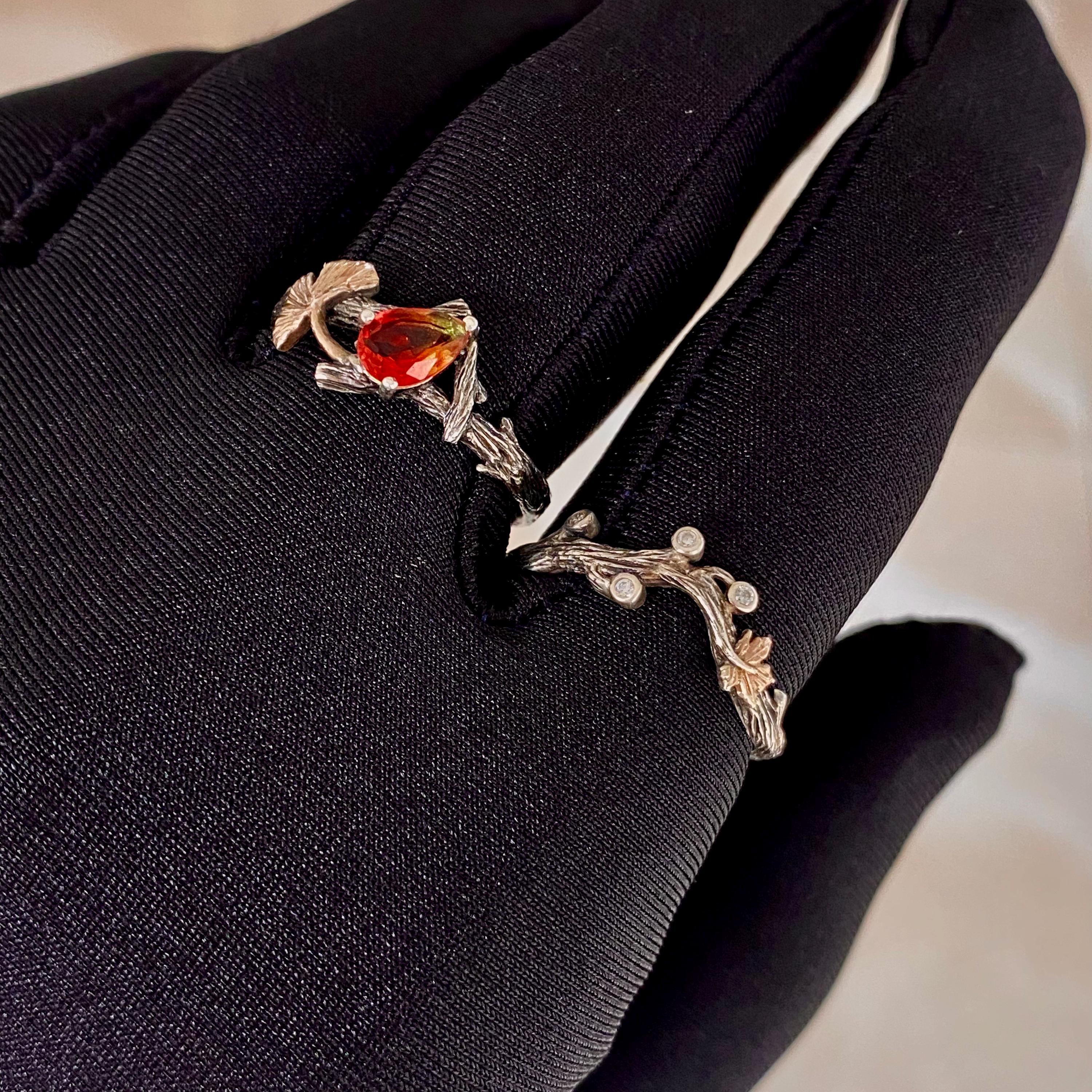 Twig Ring Set Wedding Watermelon Tourmaline Jewelry, Tourmaline Engagement Ring Set, Stacking Ring Sterling Silver, Ginkgo Leaf Ring