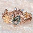Natural moss agate silver branch ring set, personalized branch stacking rings, rose gold vine leaf ring, twig engagement ring, promise ring