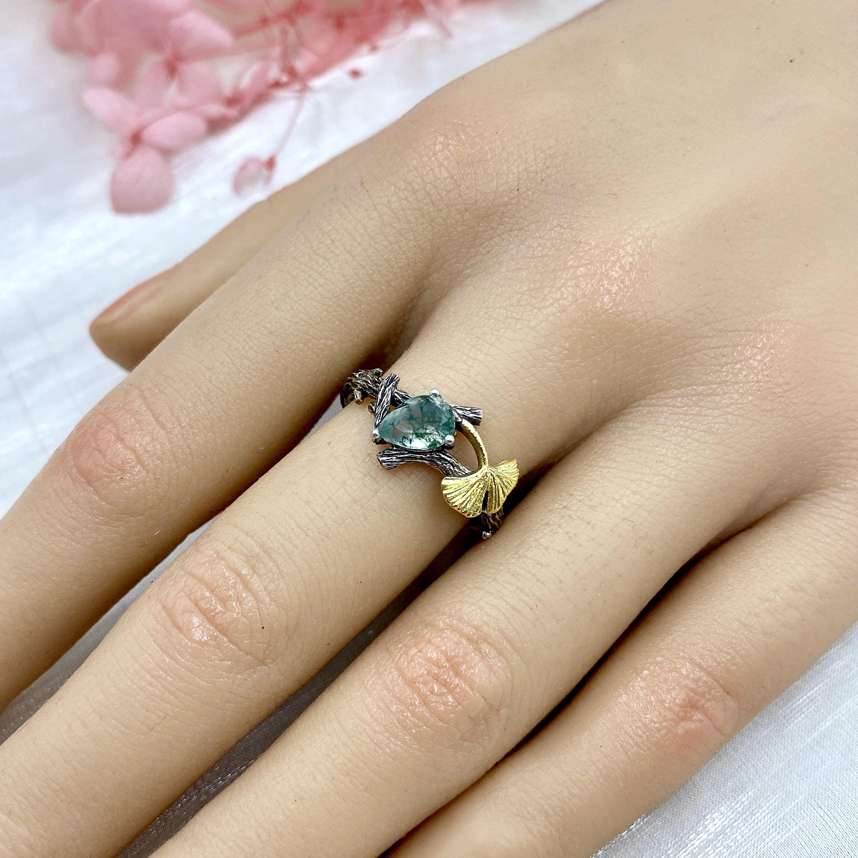 Custom sterling silver natural moss agate branch ring, ginkgo leaf twig ring, birthstone ring, engagement ring, forest promise ring for her