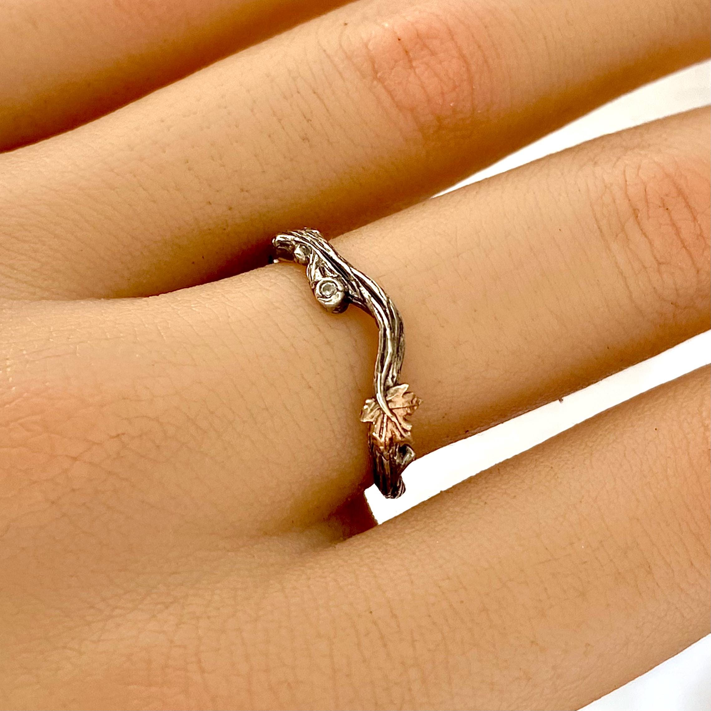 Unique forest branch maple leaf sterling silver ring, hand carved bark ring, vine leaf women's silver ring, anniversary ring, wedding ring