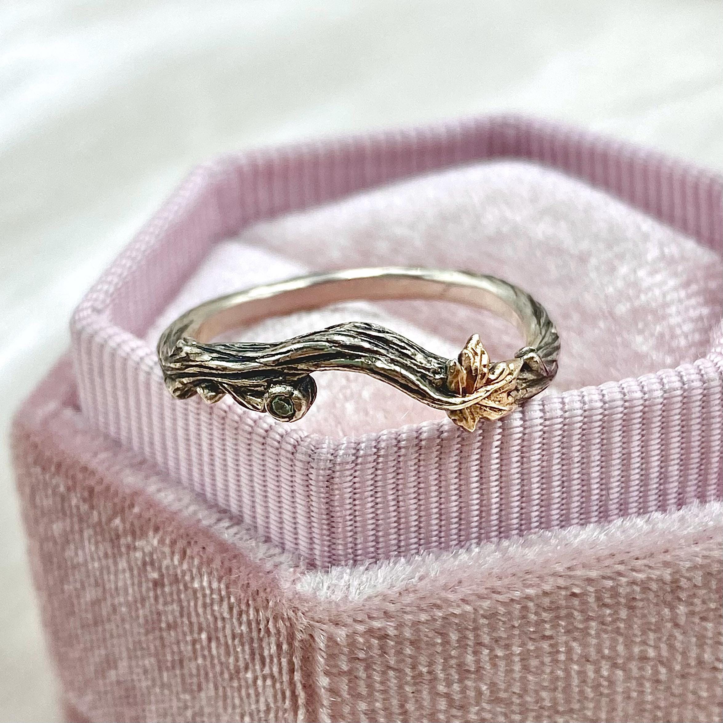 Unique forest branch maple leaf sterling silver ring, hand carved bark ring, vine leaf women's silver ring, anniversary ring, wedding ring