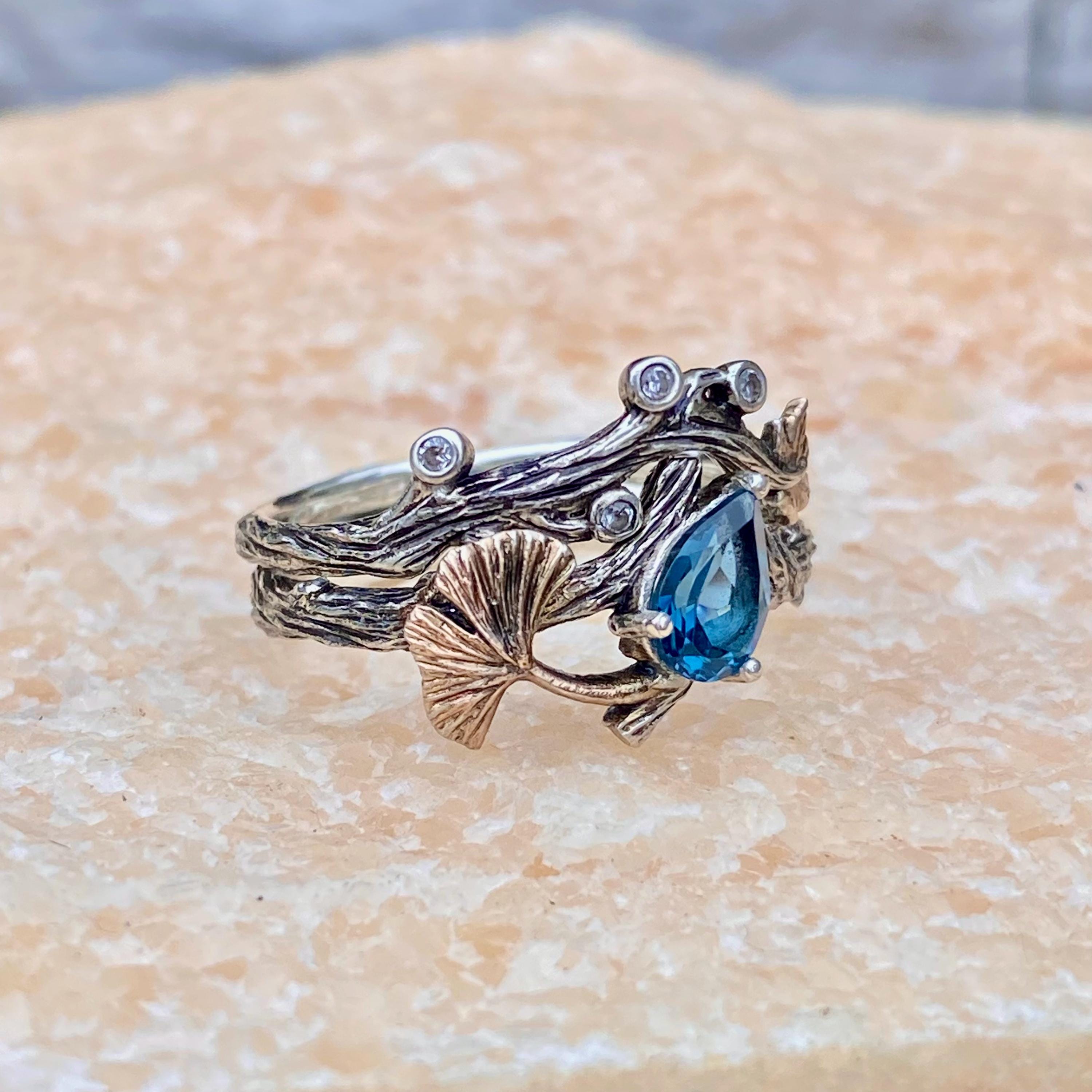 Natural London blue topaz S925 sterling silver engagement stacking ring, hand-carved branch ring, ginkgo leaf ring, twig ring for women