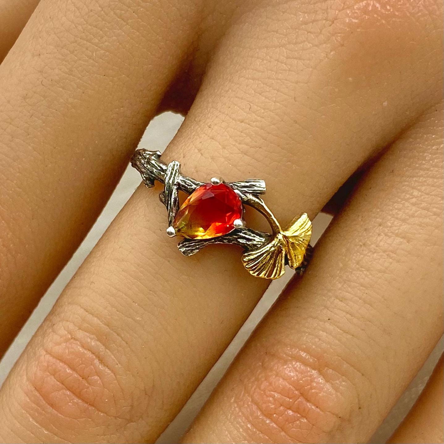 Custom gemstone sterling silver branch wedding ring, watermelon tourmaline ginkgo leaf ring, hand-carved tree pattern ring, promise ring