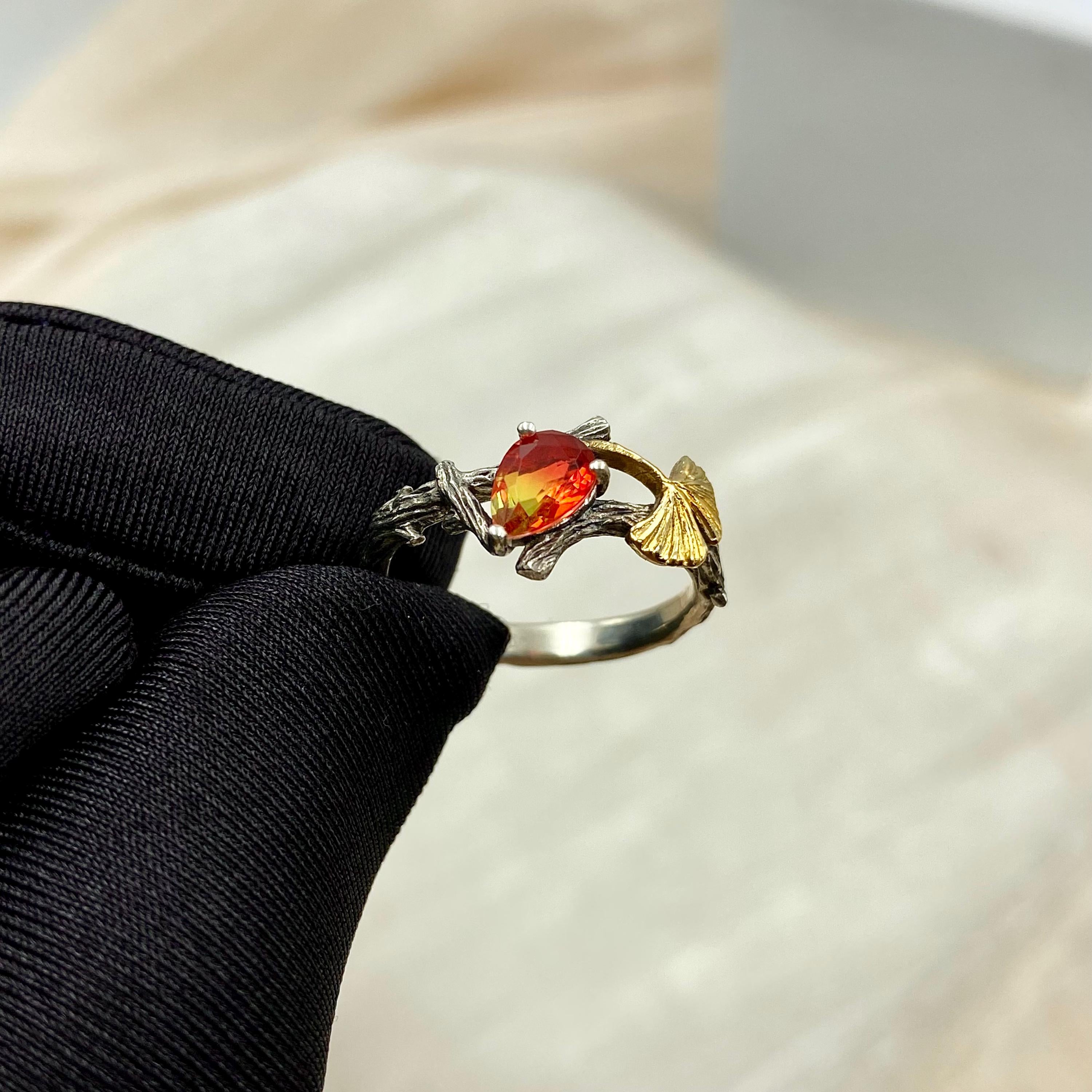 Custom gemstone sterling silver branch wedding ring, watermelon tourmaline ginkgo leaf ring, hand-carved tree pattern ring, promise ring