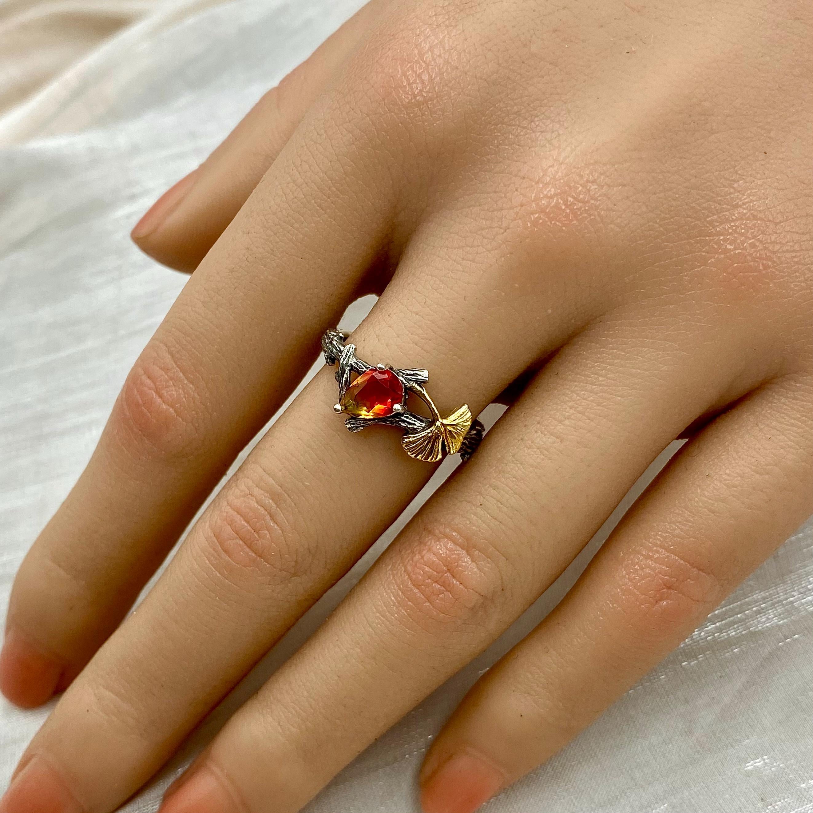 Custom gemstone sterling silver branch wedding ring, watermelon tourmaline ginkgo leaf ring, hand-carved tree pattern ring, promise ring