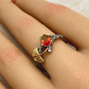 Custom gemstone sterling silver branch wedding ring, watermelon tourmaline ginkgo leaf ring, hand-carved tree pattern ring, promise ring