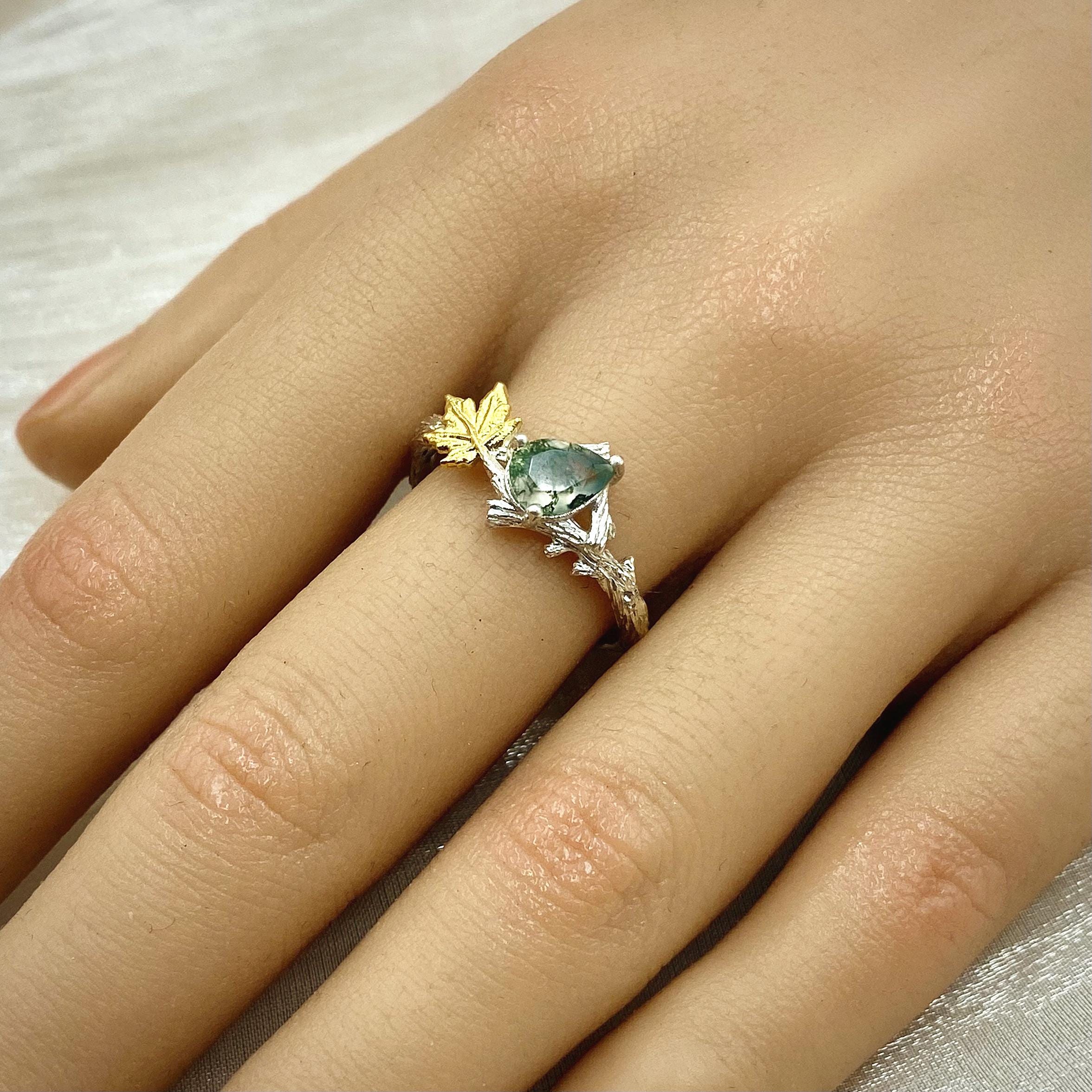 Plain silver carved tree branch natural moss agate ring, tree branch ring with stone, unique engagement ring, rustic country ring