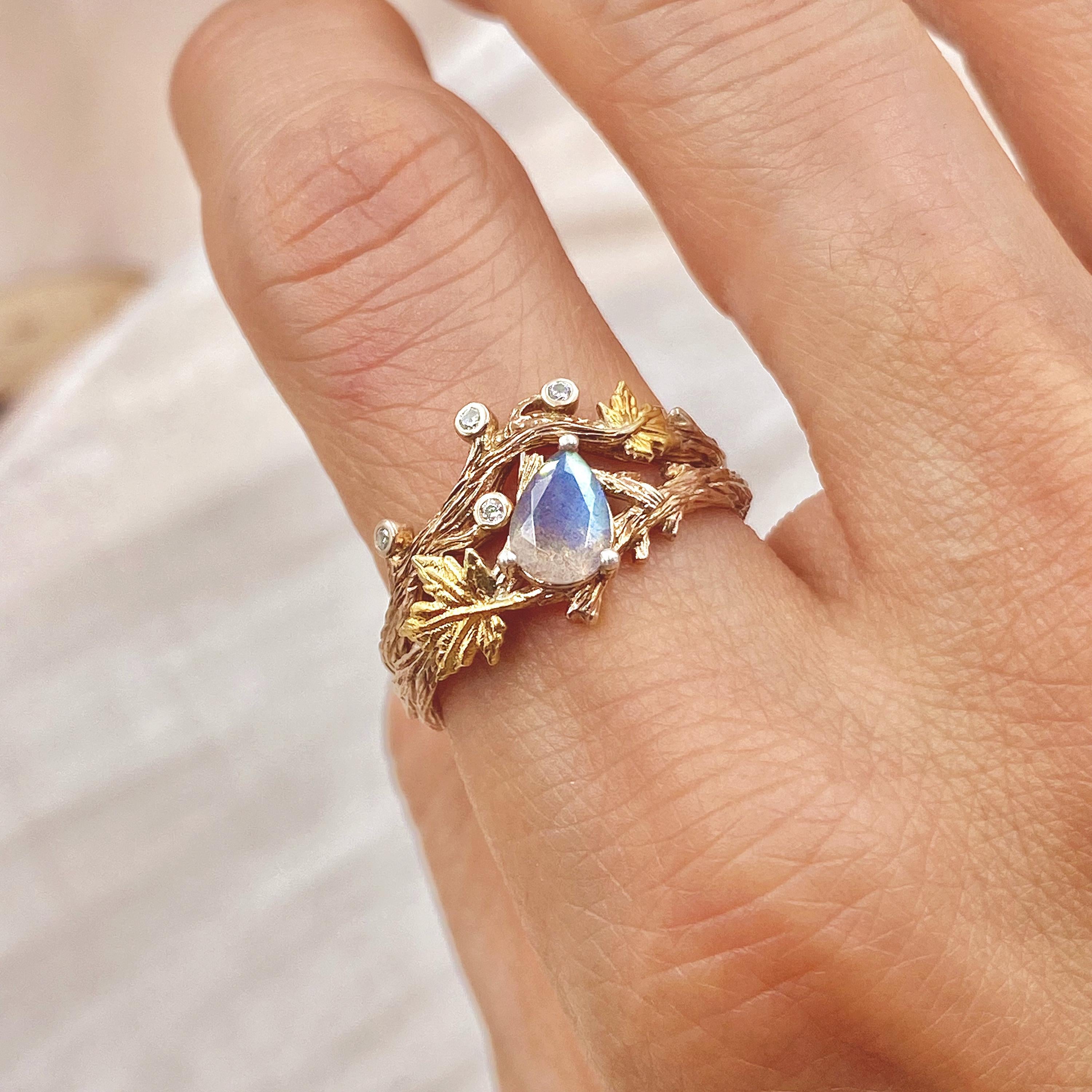 Natural gray moonstone branch silver ring, 14K rose gold plated twig stacking bridal rings, hand-carved bark ring, wedding rings set