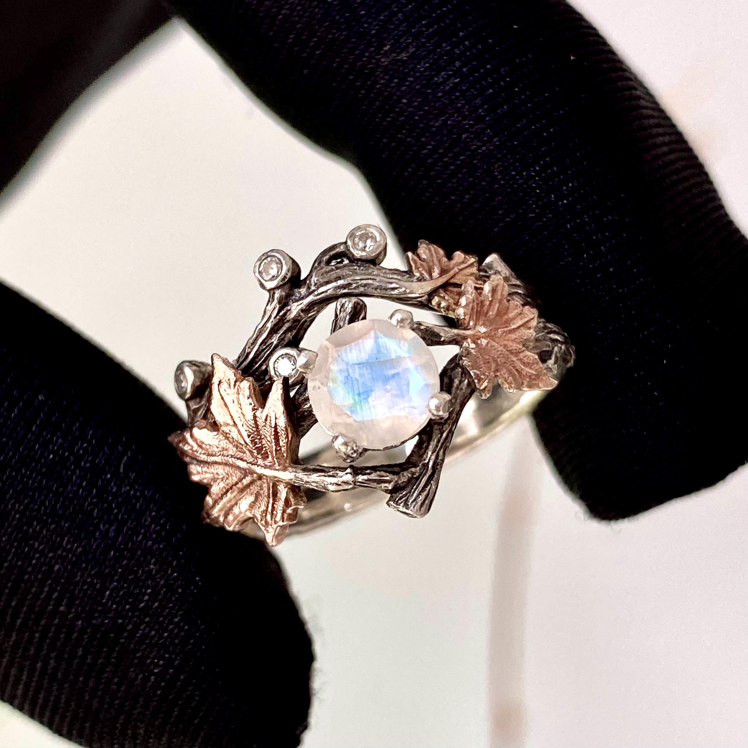 Moonstone Sterling Silver Branch Ring: Carved Maple Leaf Design, Round cut, Stacking, For women, Wedding, Engagement, Birthday Gift, Promise