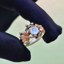 Moonstone Sterling Silver Branch Ring: Carved Maple Leaf Design, Round cut, Stacking, For women, Wedding, Engagement, Birthday Gift, Promise