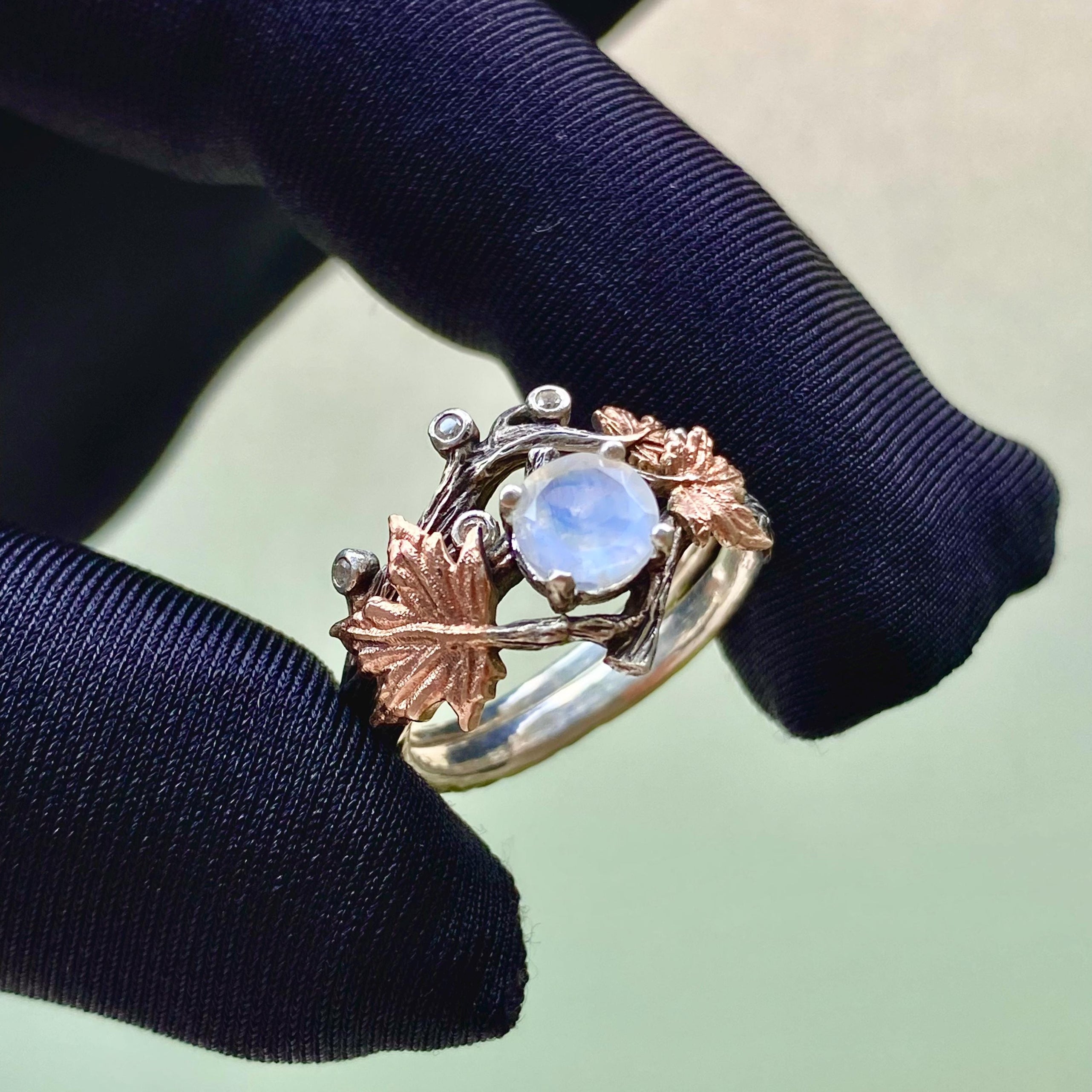 Moonstone Sterling Silver Branch Ring: Carved Maple Leaf Design, Round cut, Stacking, For women, Wedding, Engagement, Birthday Gift, Promise