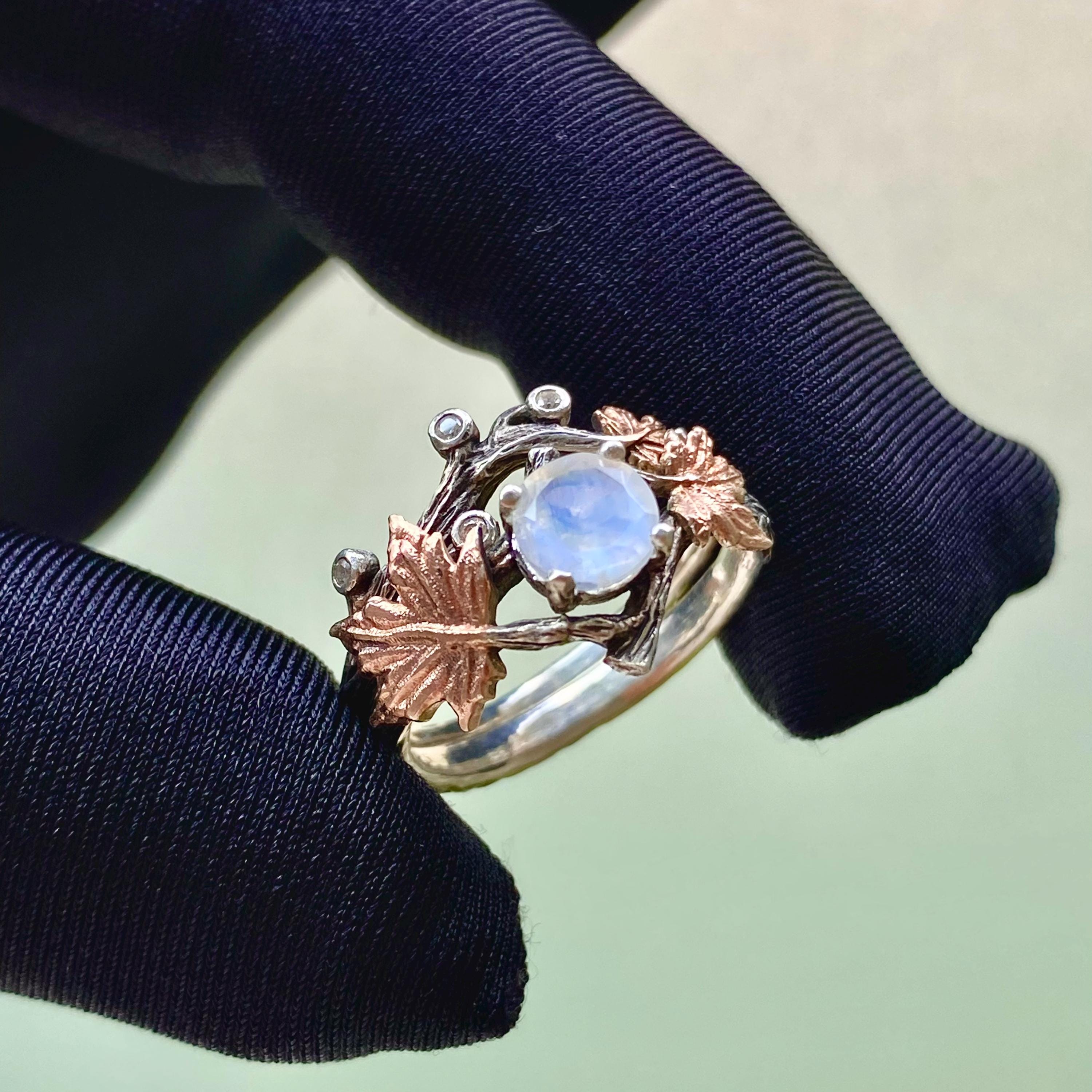 Moonstone Sterling Silver Branch Ring: Carved Maple Leaf Design, Round cut, Stacking, For women, Wedding, Engagement, Birthday Gift, Promise