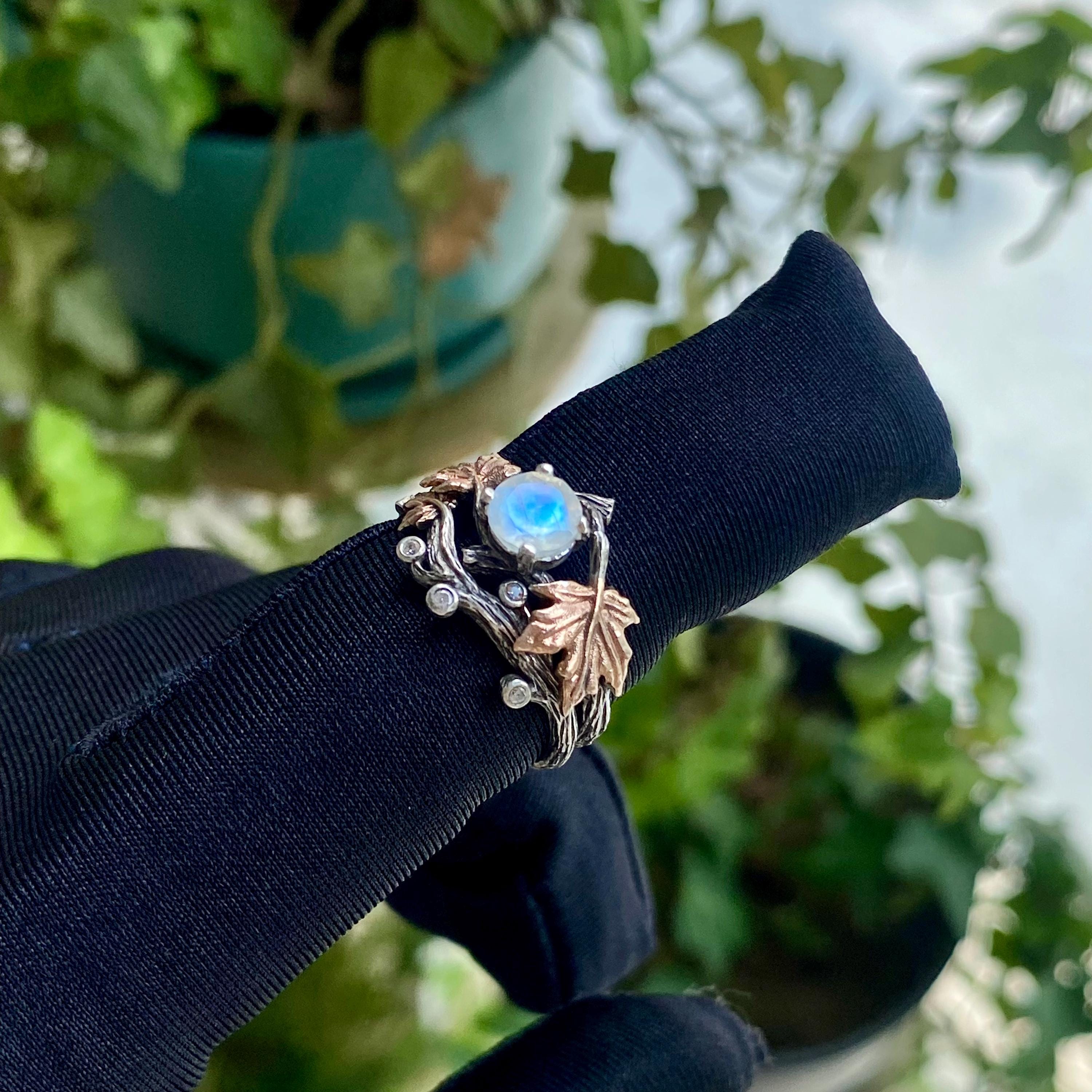 Moonstone Sterling Silver Branch Ring: Carved Maple Leaf Design, Round cut, Stacking, For women, Wedding, Engagement, Birthday Gift, Promise