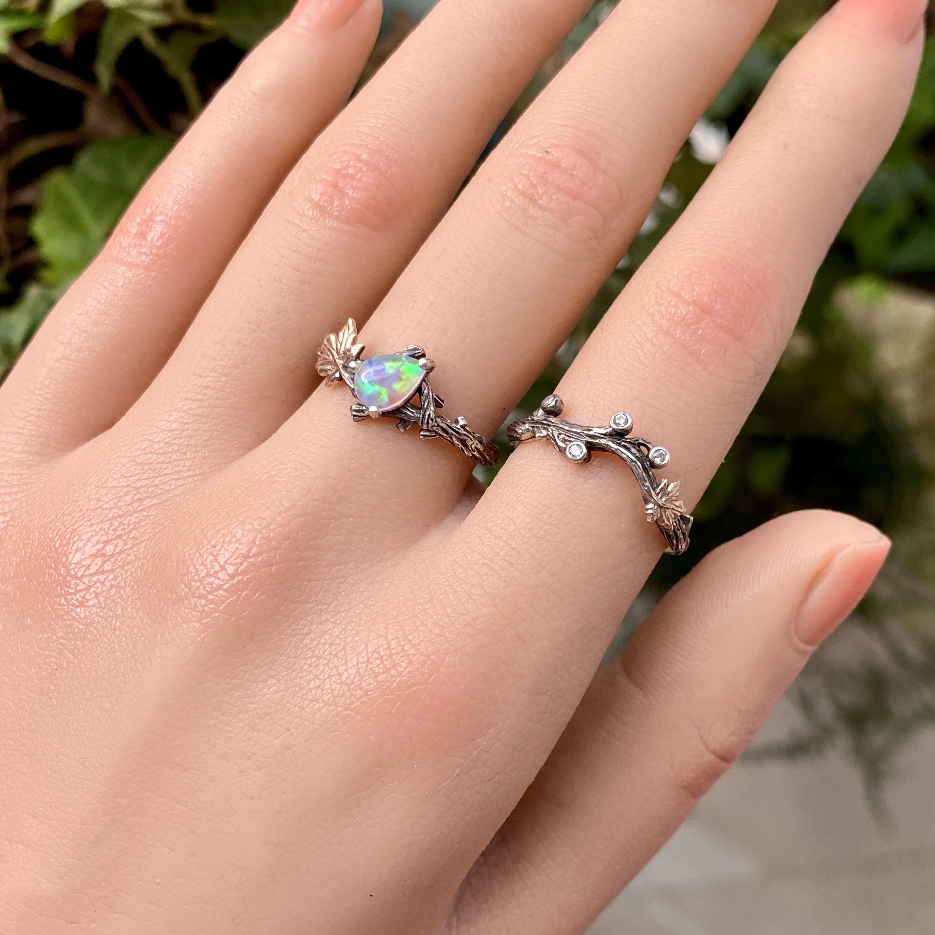 Maple Leaf Opal Wedding Ring: Sterling Silver Twig Band, Promise, Stackable, Forest art, Vintage, Unique, For women, Engagement gift, Bridal