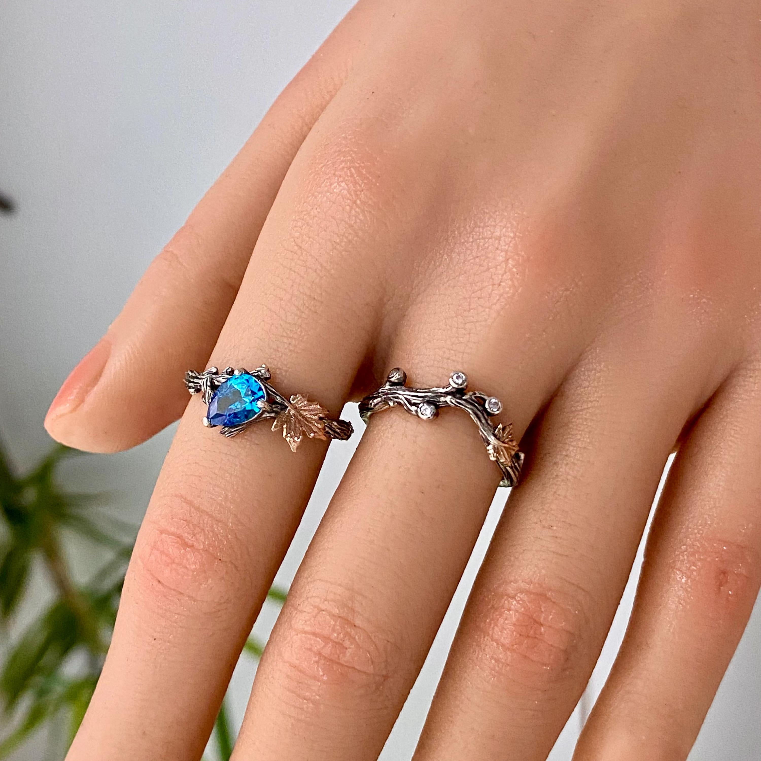 Aquamarine Sterling Silver Branch Ring: Hand Carved Maple Leaf Wedding Ring, Stacking, bridal, Engagement, Forest style, Unique, Vintage