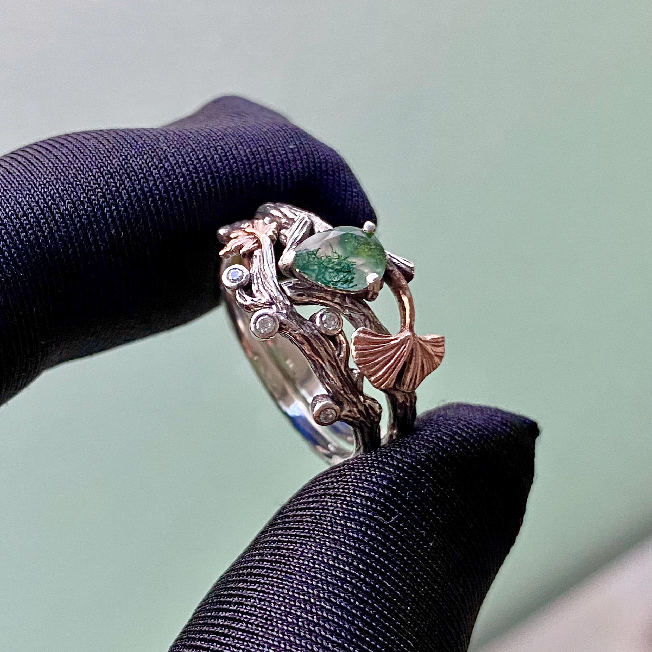 Moss Agate Leaf Ring: Sterling Silver Branch Ring, Forest Art, Stacking band, ginkgo,maple, vine, with stone, for women, unique, vintage