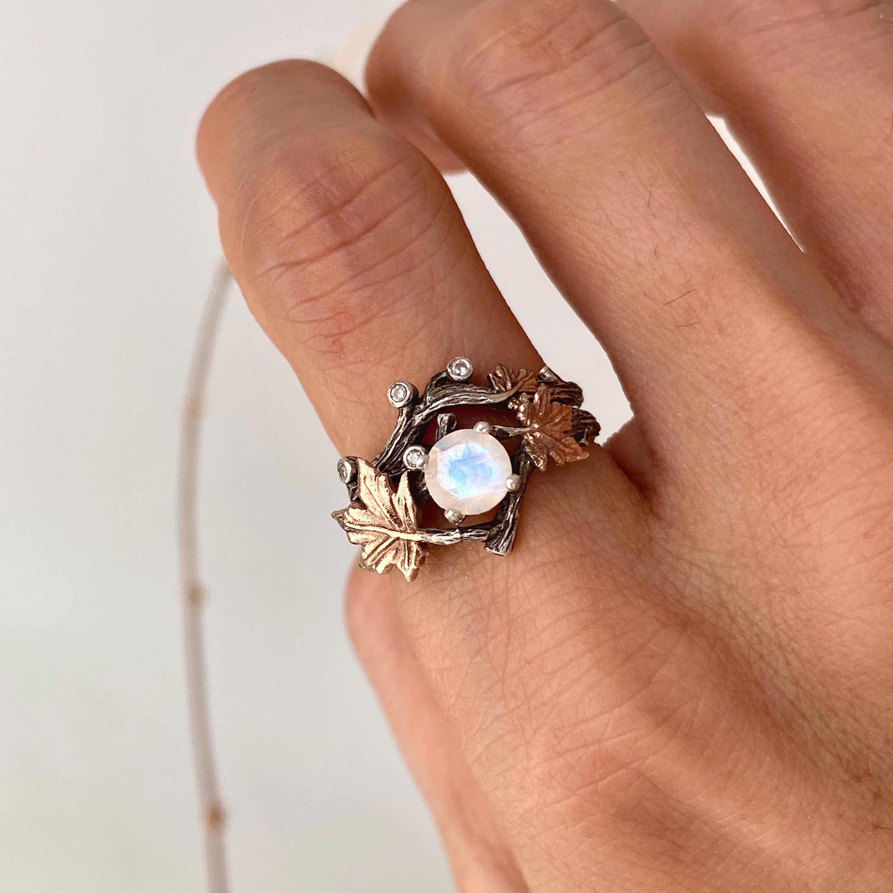Moonstone Sterling Silver Branch Ring: Carved Maple Leaf Design, Round cut, Stacking, For women, Wedding, Engagement, Birthday Gift, Promise