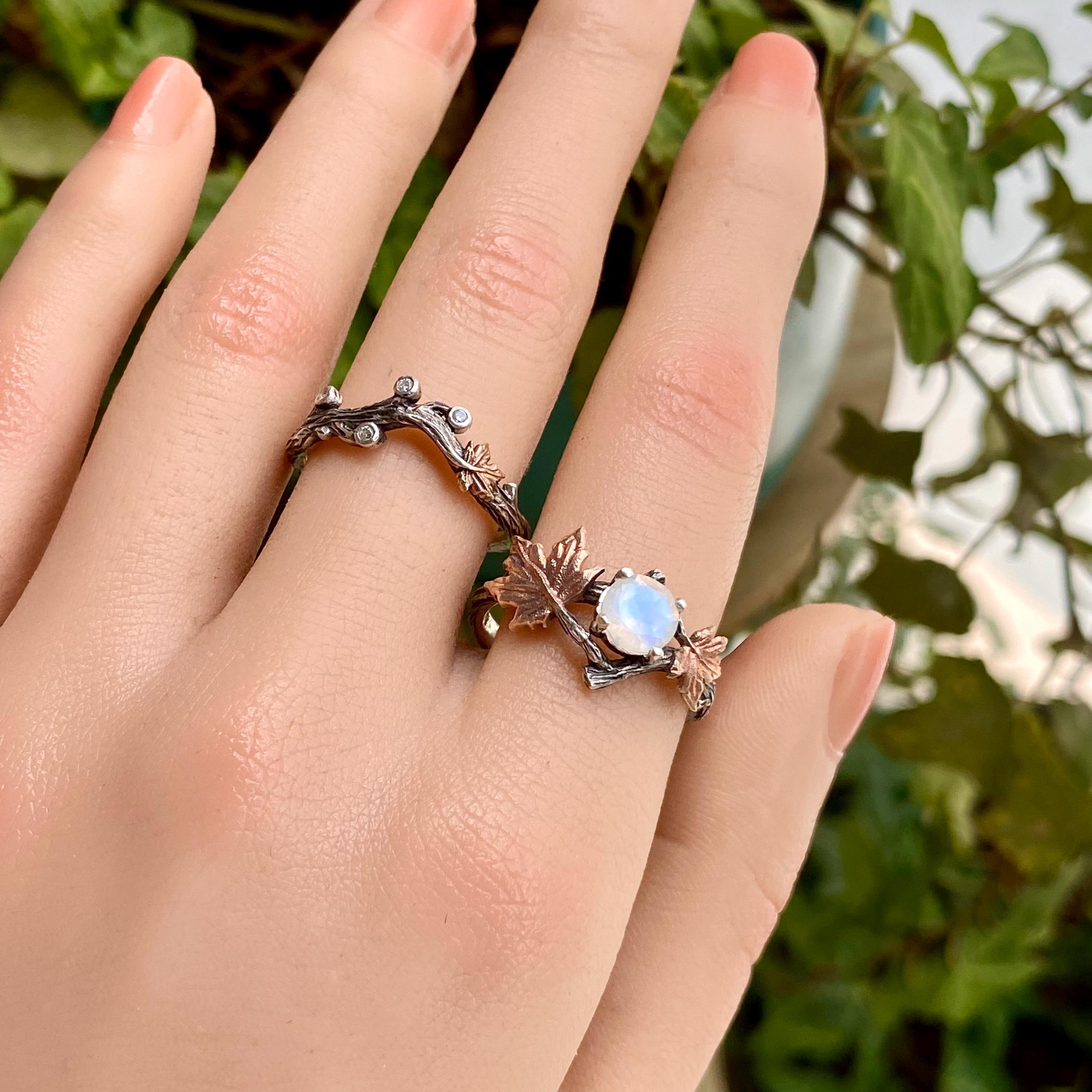 Moonstone Sterling Silver Branch Ring: Carved Maple Leaf Design, Round cut, Stacking, For women, Wedding, Engagement, Birthday Gift, Promise