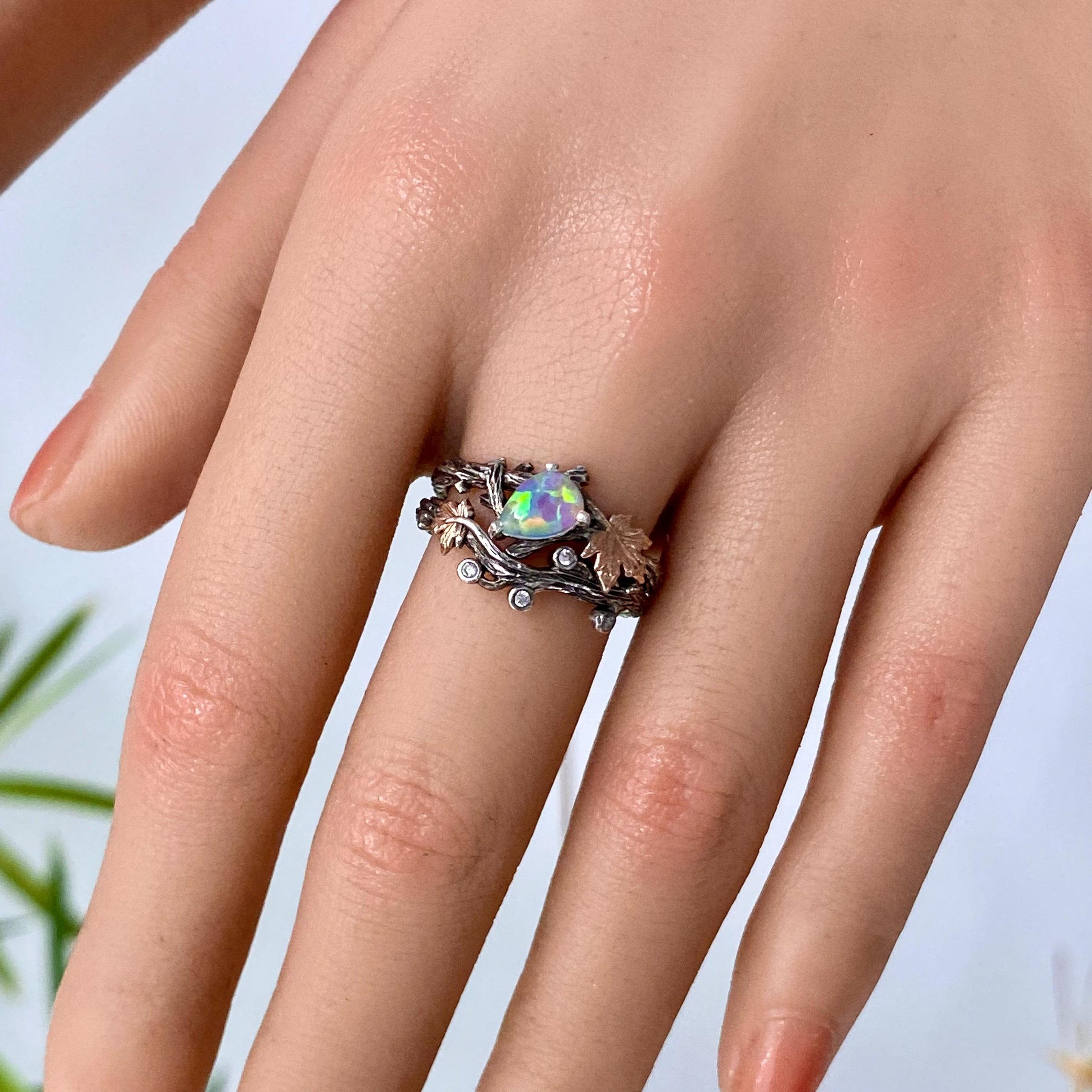 Maple Leaf Opal Wedding Ring: Sterling Silver Twig Band, Promise, Stackable, Forest art, Vintage, Unique, For women, Engagement gift, Bridal