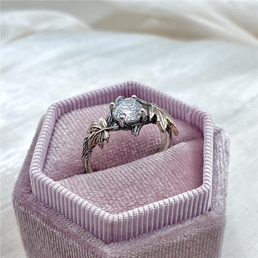 Sterling Silver Maple Leaf Moissanite Ring: Hand Carved Twig Band, Ring with stone, for women, engagement, wedding, April birthstone