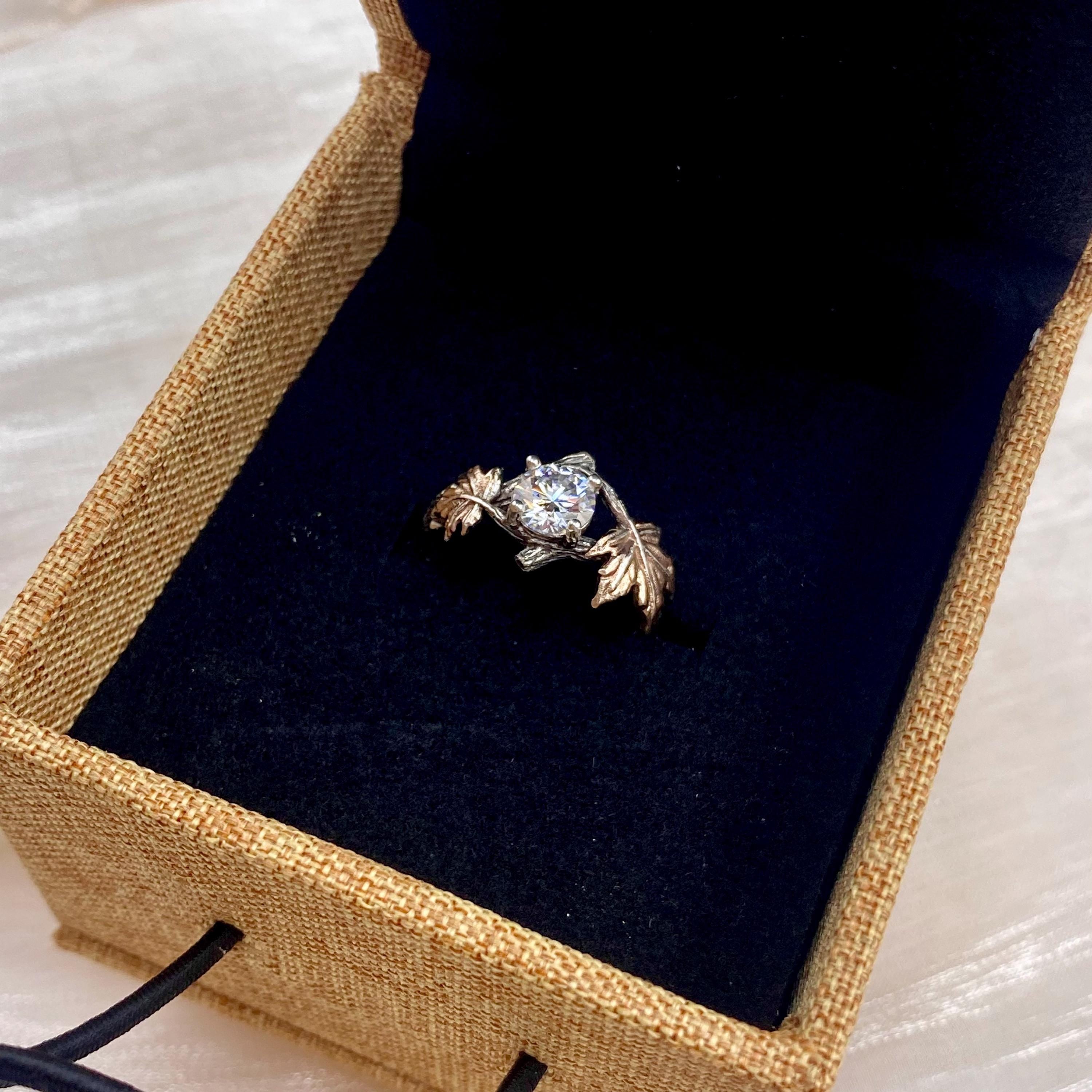 Sterling Silver Maple Leaf Moissanite Ring: Hand Carved Twig Band, Ring with stone, for women, engagement, wedding, April birthstone