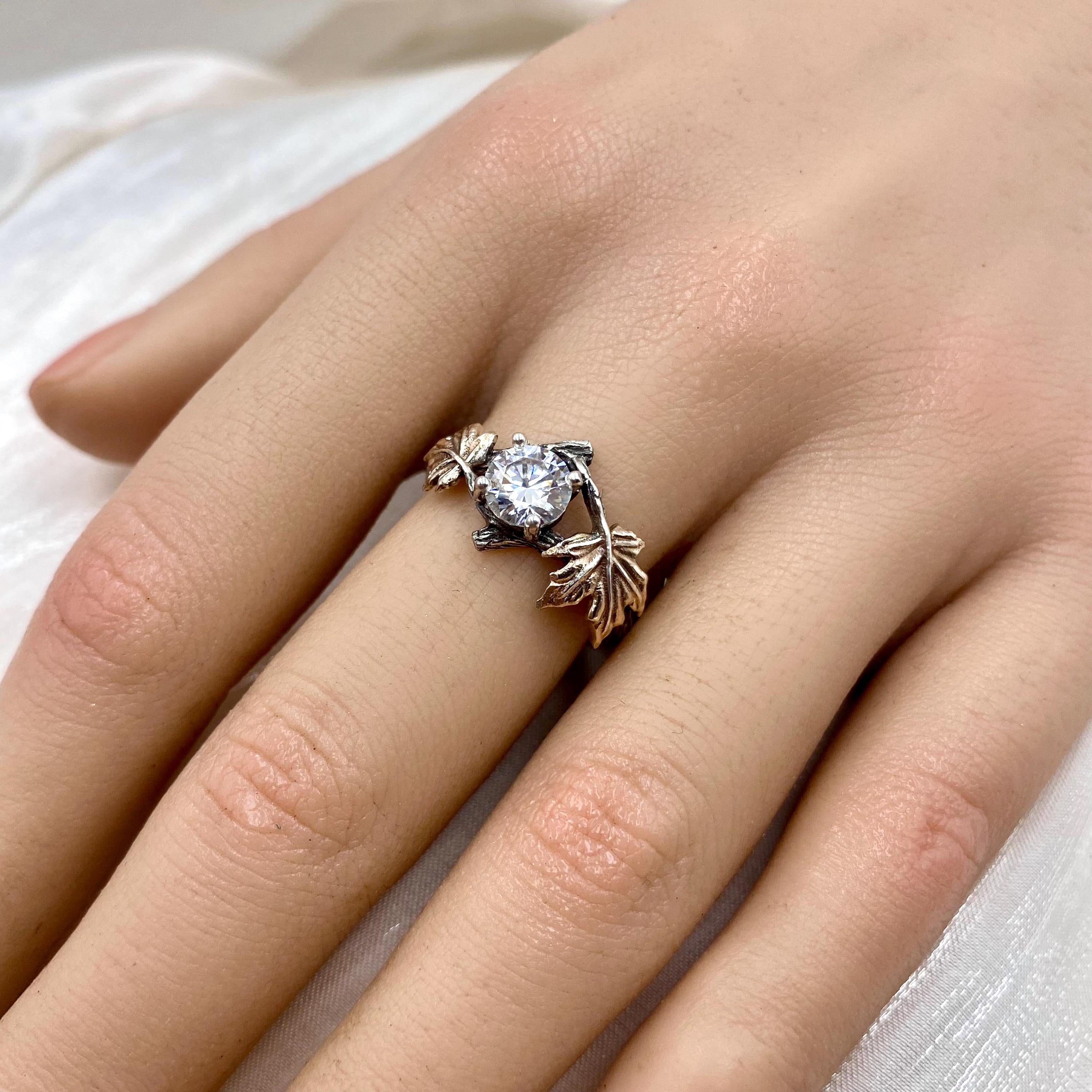 Sterling Silver Maple Leaf Moissanite Ring: Hand Carved Twig Band, Ring with stone, for women, engagement, wedding, April birthstone