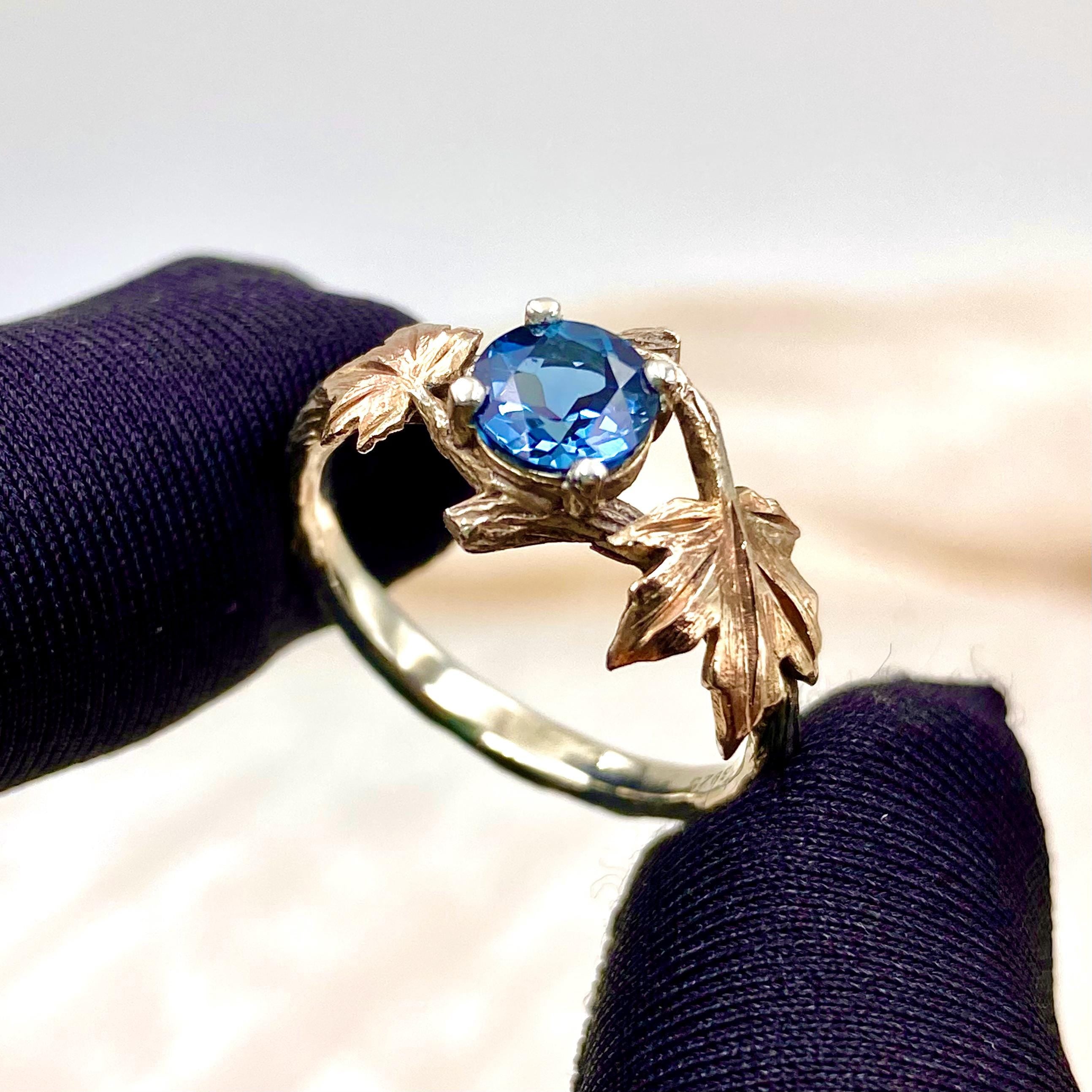 Hand-carved maple leaf branch natural London blue topaz silver ring, exquisite twig wedding ring with stone, forest twig ring, promise ring