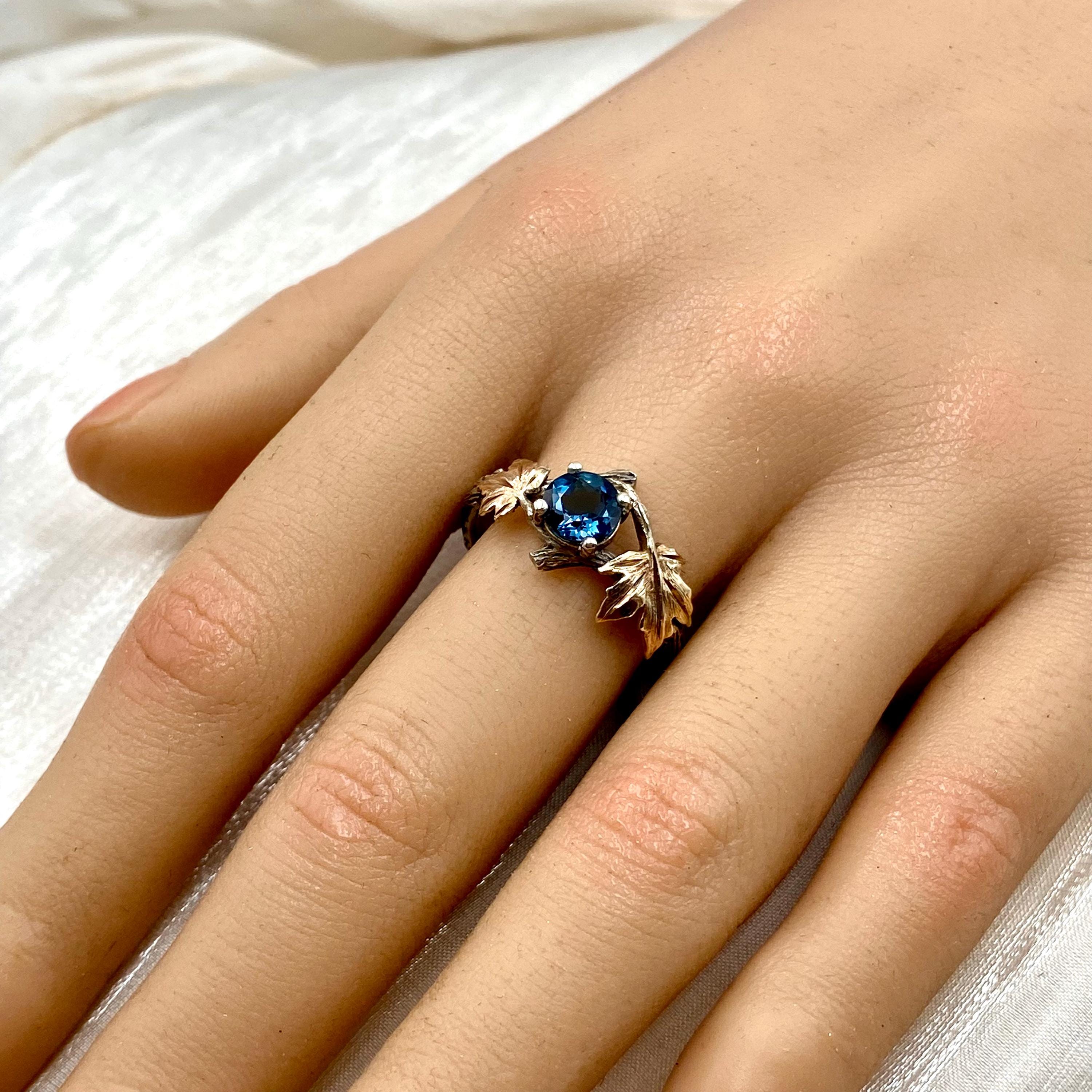 Hand-carved maple leaf branch natural London blue topaz silver ring, exquisite twig wedding ring with stone, forest twig ring, promise ring