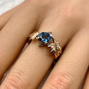 Hand-carved maple leaf branch natural London blue topaz silver ring, exquisite twig wedding ring with stone, forest twig ring, promise ring
