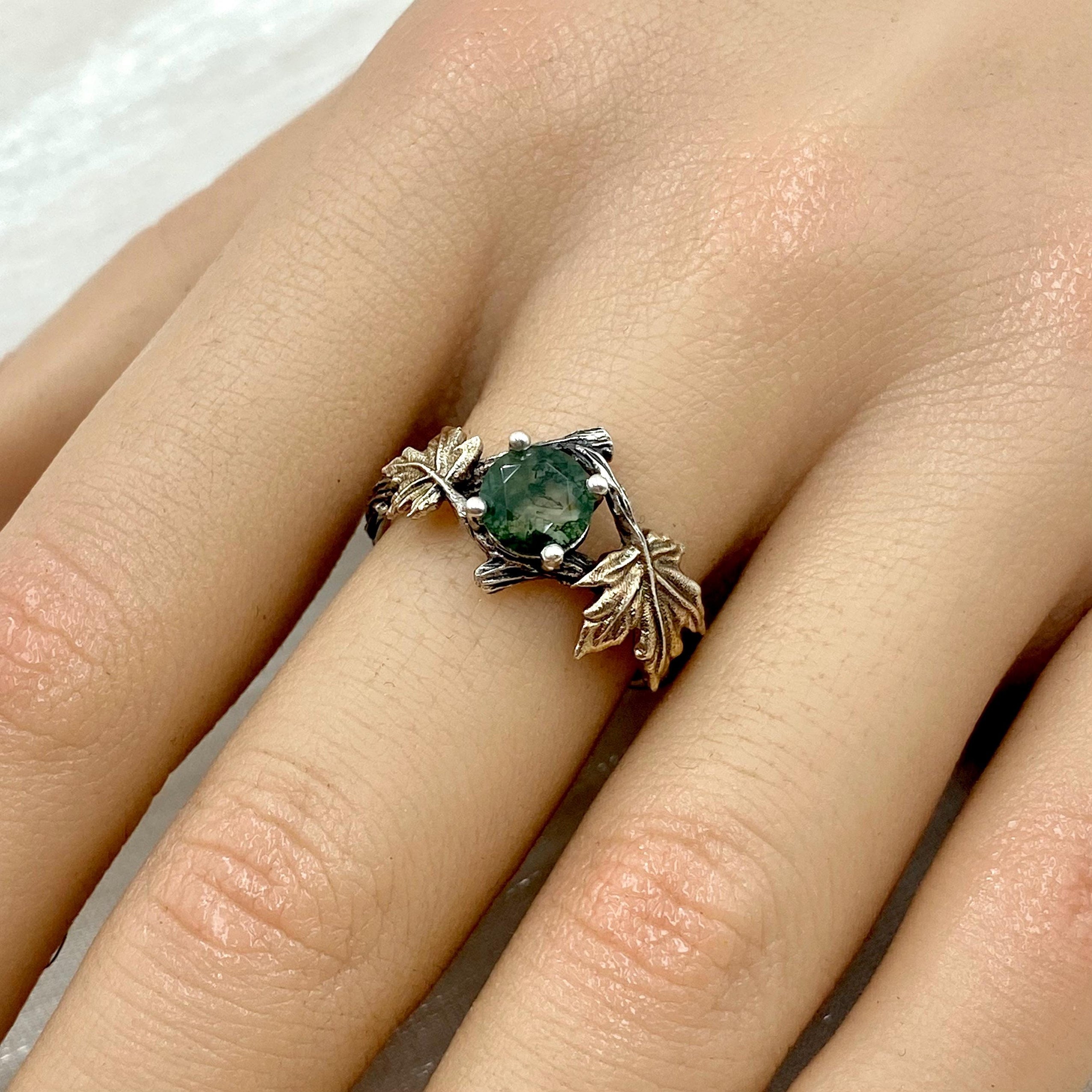 Natural moss agate sterling silver branch ring, twig maple leaf ring, vintage engagement ring, hand carved wedding ring, anniversary ring