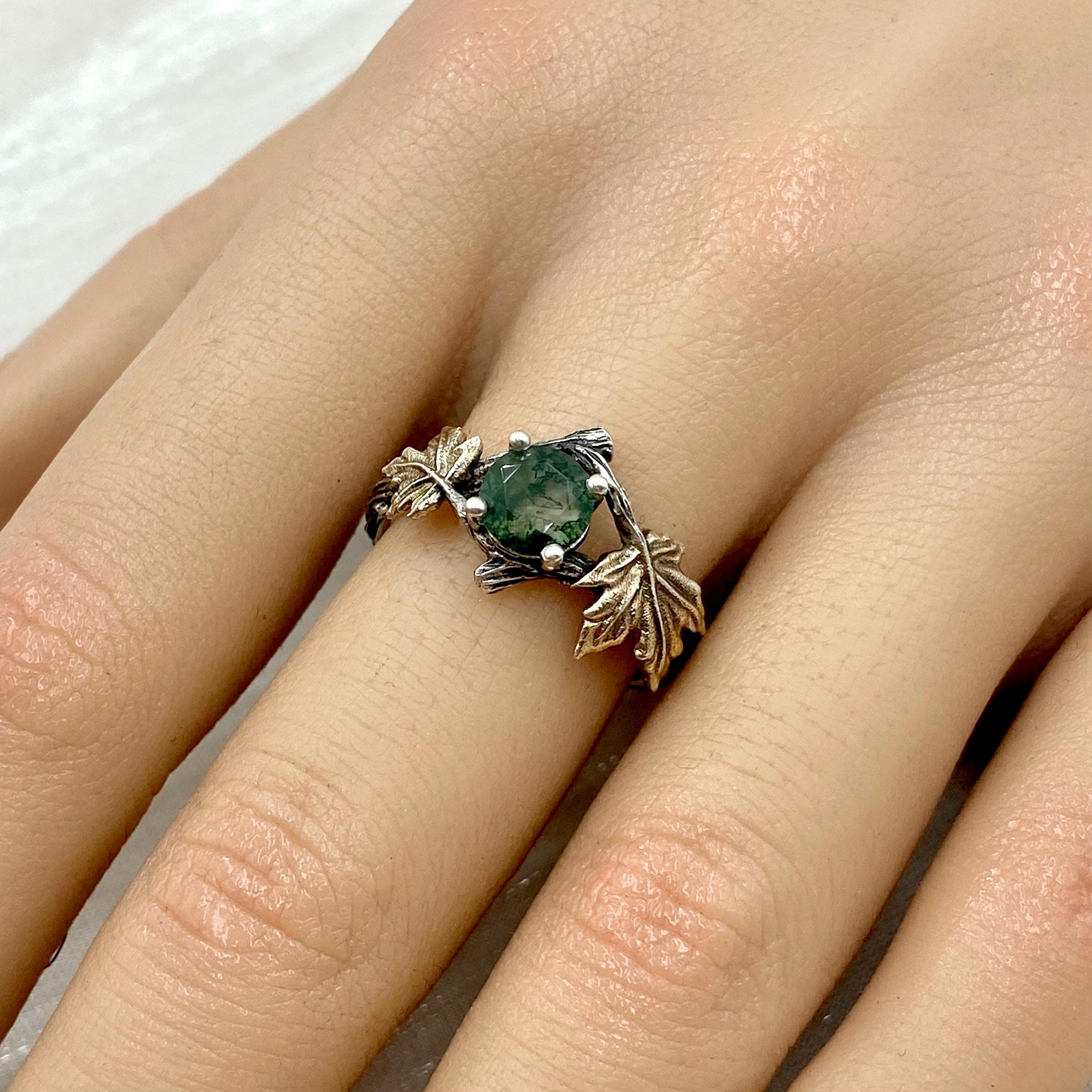 Natural moss agate sterling silver branch ring, twig maple leaf ring, vintage engagement ring, hand carved wedding ring, anniversary ring