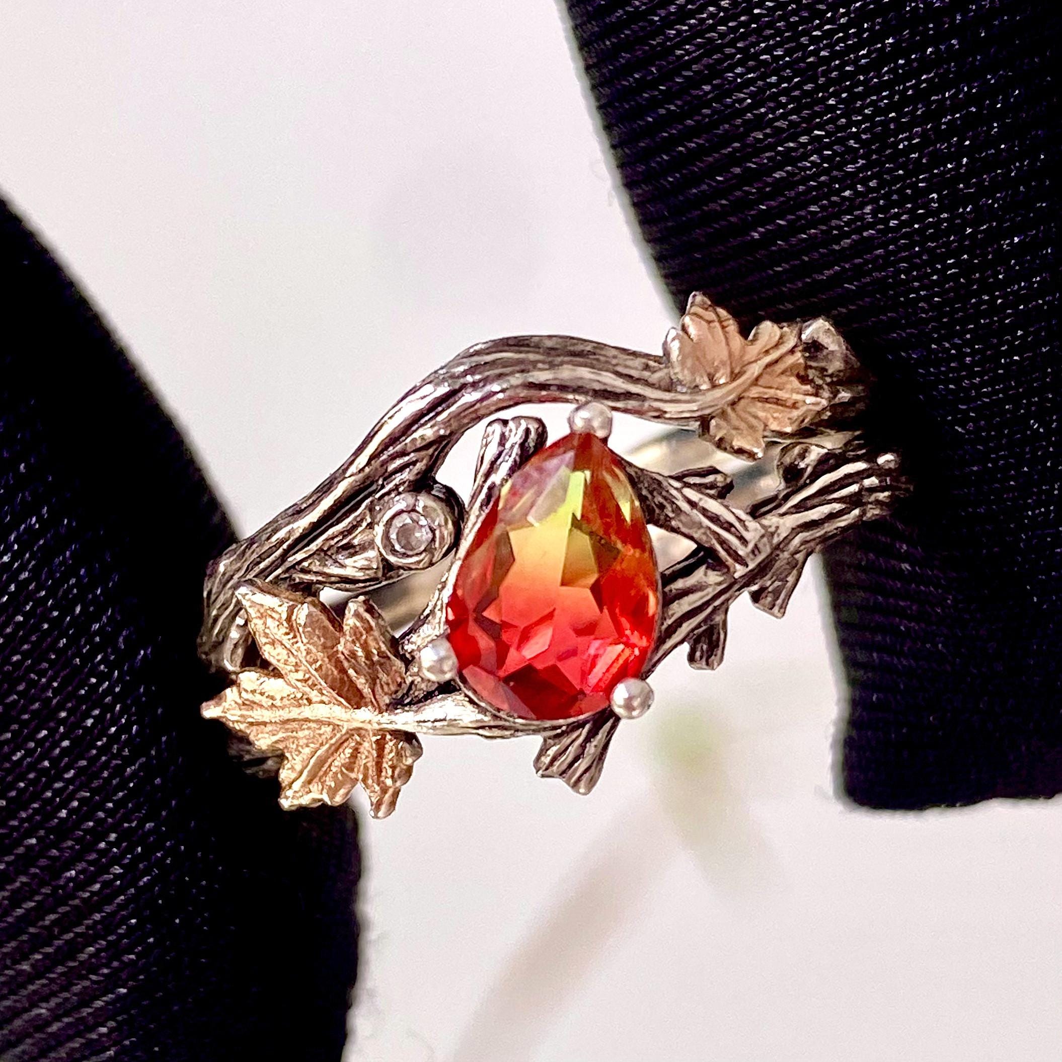 Sterling silver tourmaline tree branch ring, twig maple leaf wedding ring, stacking engagement ring, bridal ring set, twig ring with stone