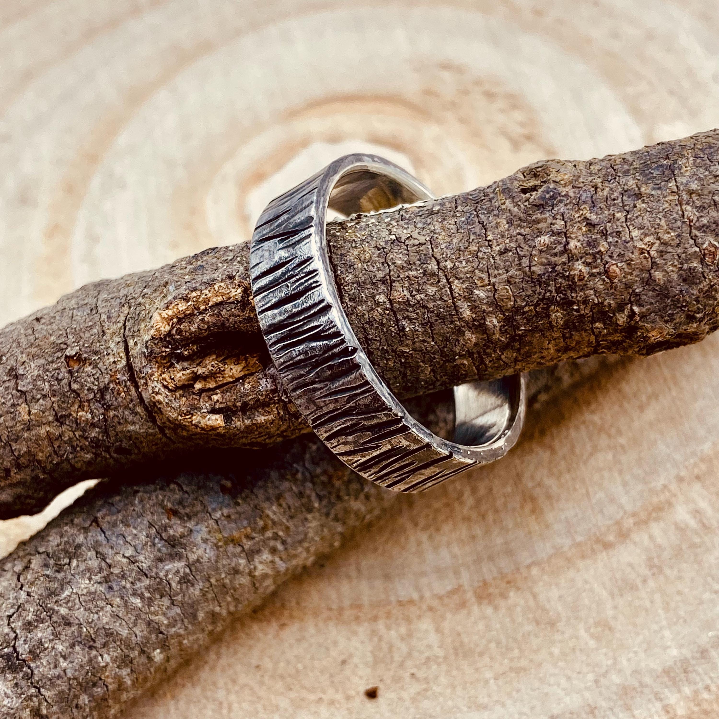 Engraved ring, Hand-carved tree pattern sterling silver S999 personality ring, unique bark ring, men's wedding ring, women vintage bark ring