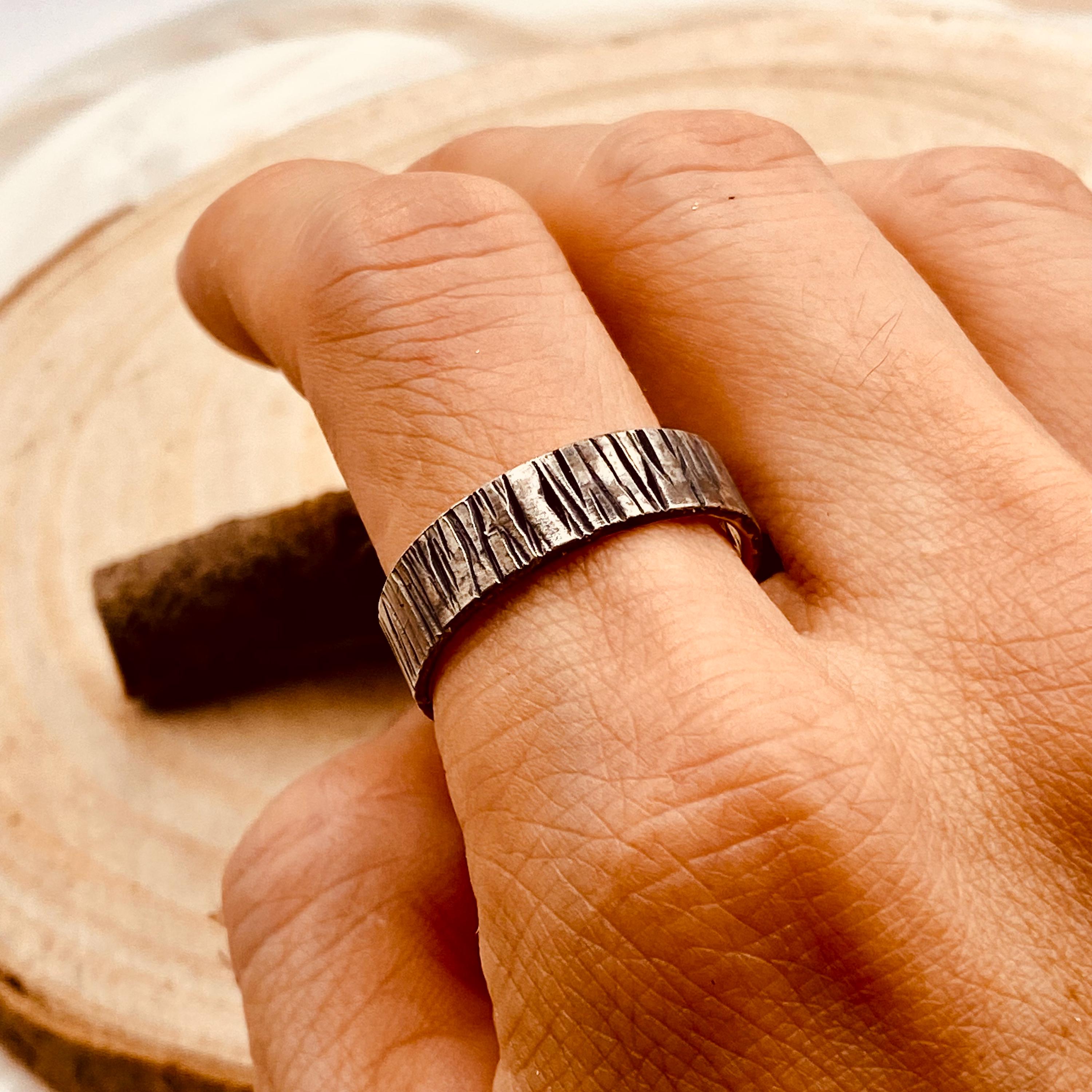 Engraved ring, Hand-carved tree pattern sterling silver S999 personality ring, unique bark ring, men's wedding ring, women vintage bark ring
