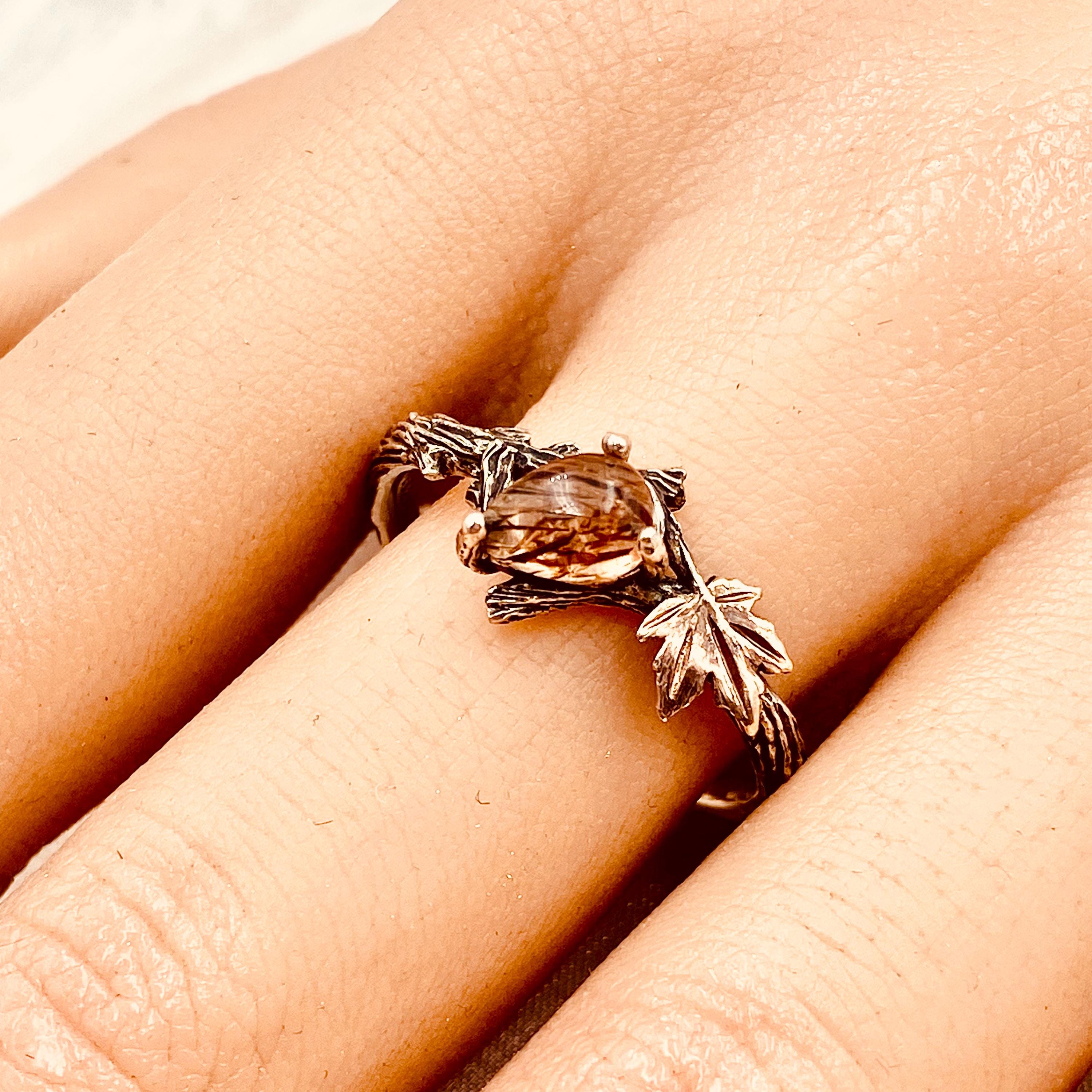 Nature tree branch ring, natural black gold super seven crystal ring, maple leaf wedding ring, sterling silver twig ring, engagement ring