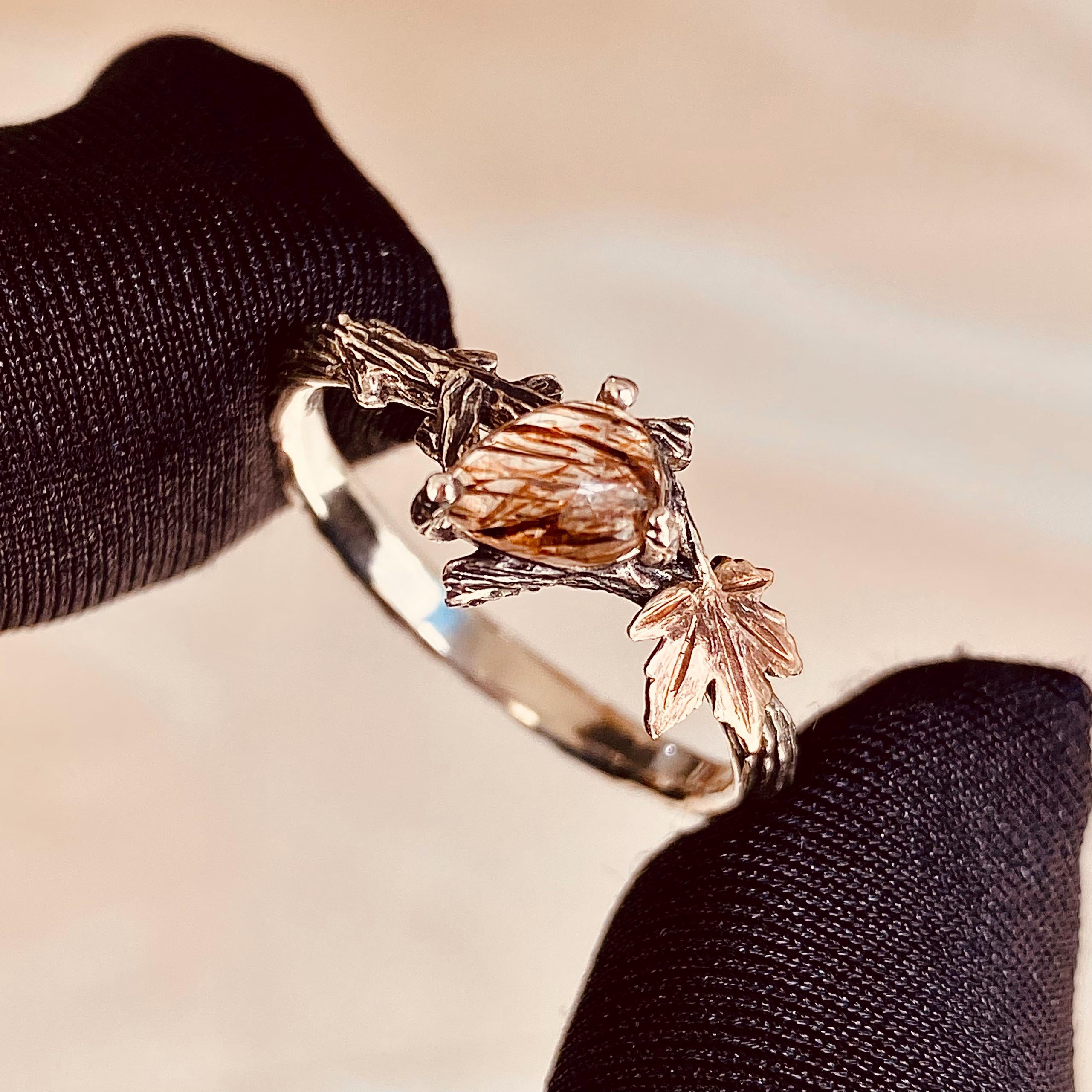 Nature tree branch ring, natural black gold super seven crystal ring, maple leaf wedding ring, sterling silver twig ring, engagement ring