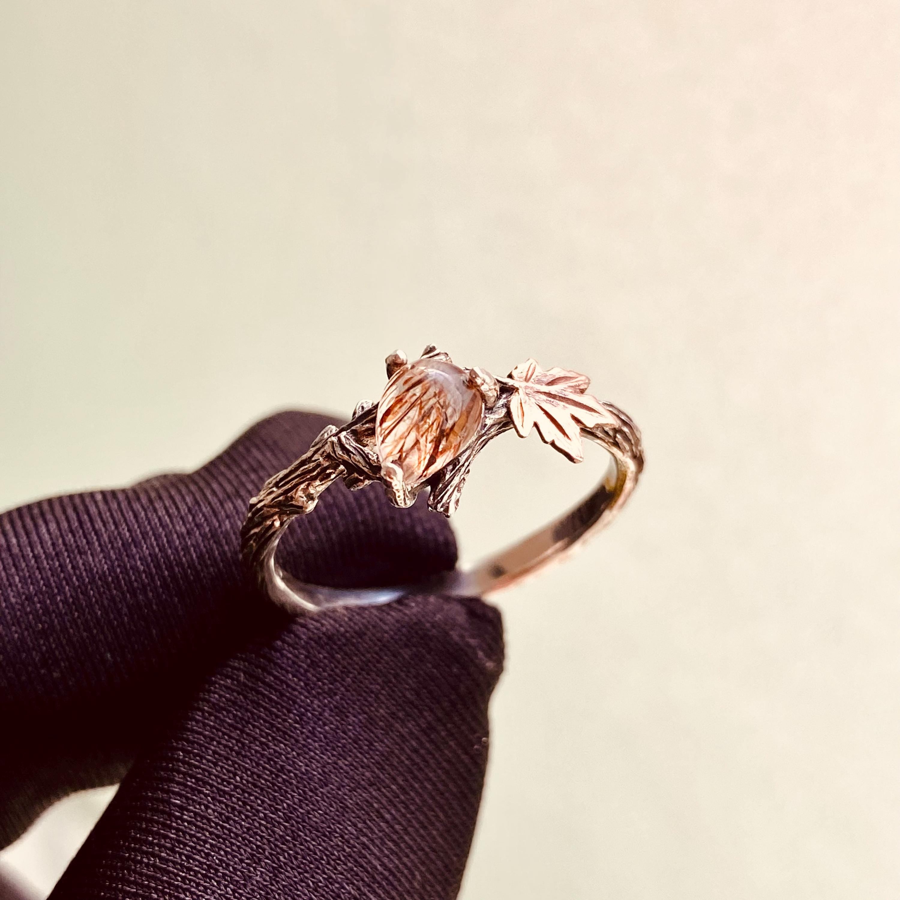 Nature tree branch ring, natural black gold super seven crystal ring, maple leaf wedding ring, sterling silver twig ring, engagement ring