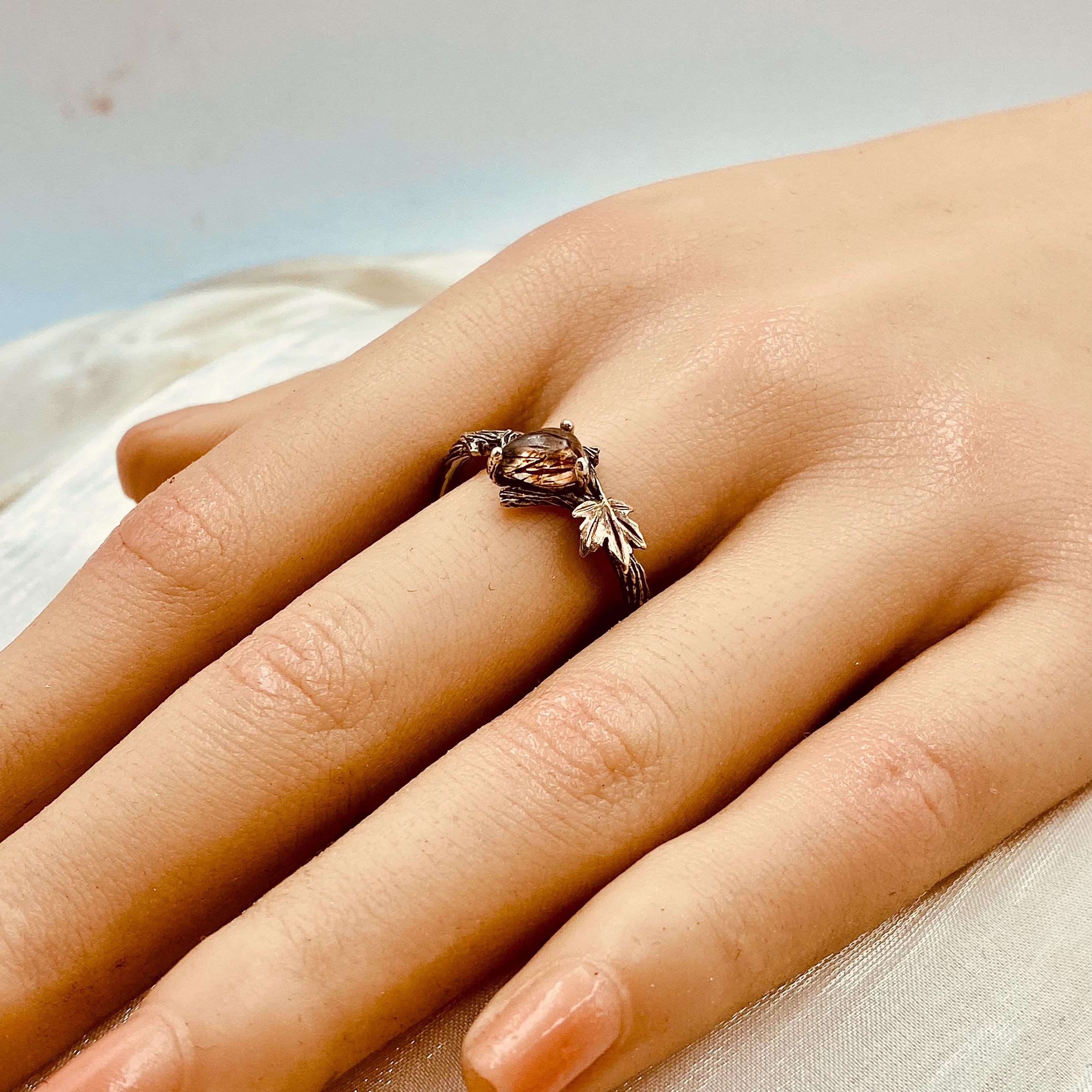 Nature tree branch ring, natural black gold super seven crystal ring, maple leaf wedding ring, sterling silver twig ring, engagement ring