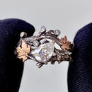 Engraved Sterling Silver Maple Leaf Moissanite Ring: Forest Twig Engagement ring, wedding band with stone, stackable,bridal gift