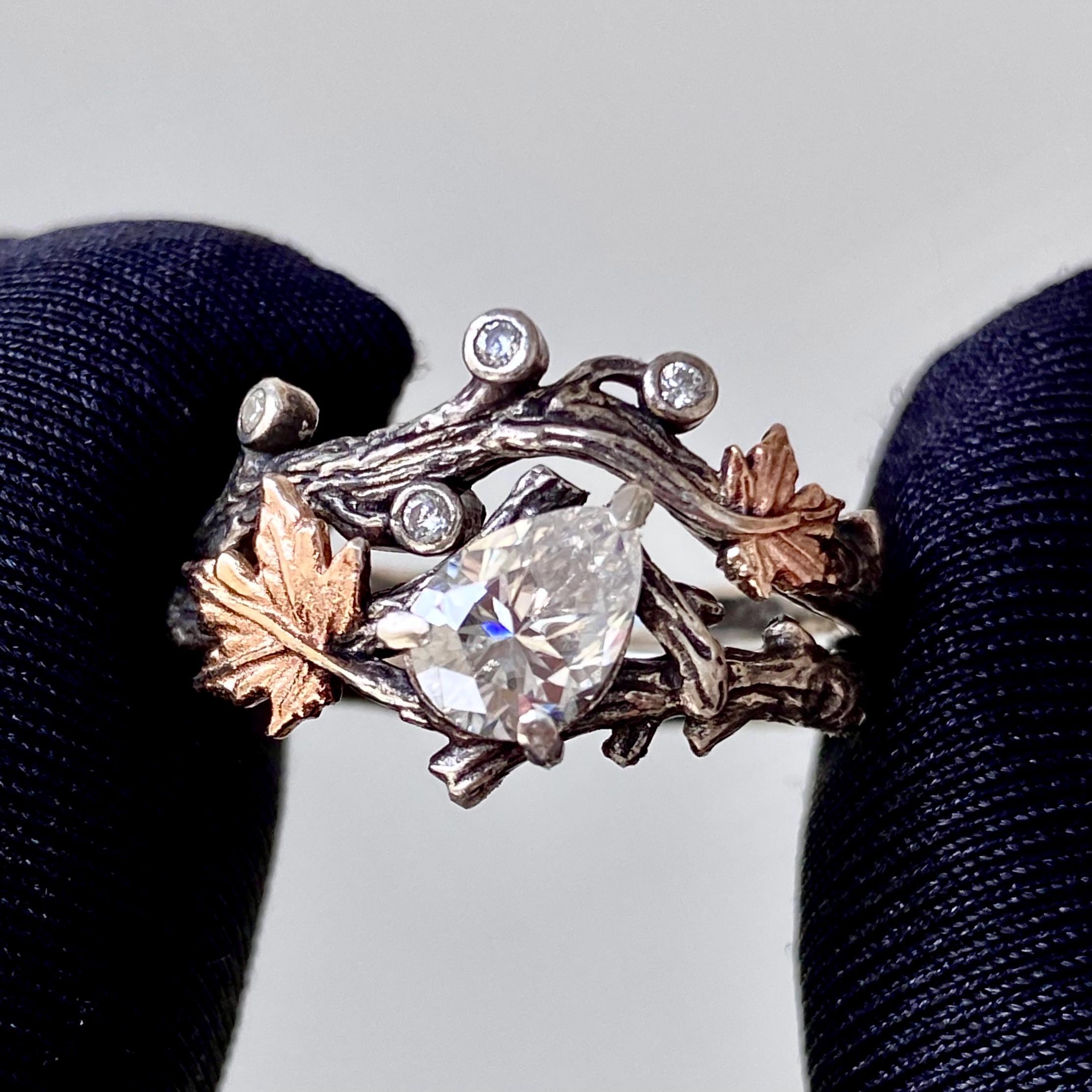 Engraved Sterling Silver Maple Leaf Moissanite Ring: Forest Twig Engagement ring, wedding band with stone, stackable,bridal gift