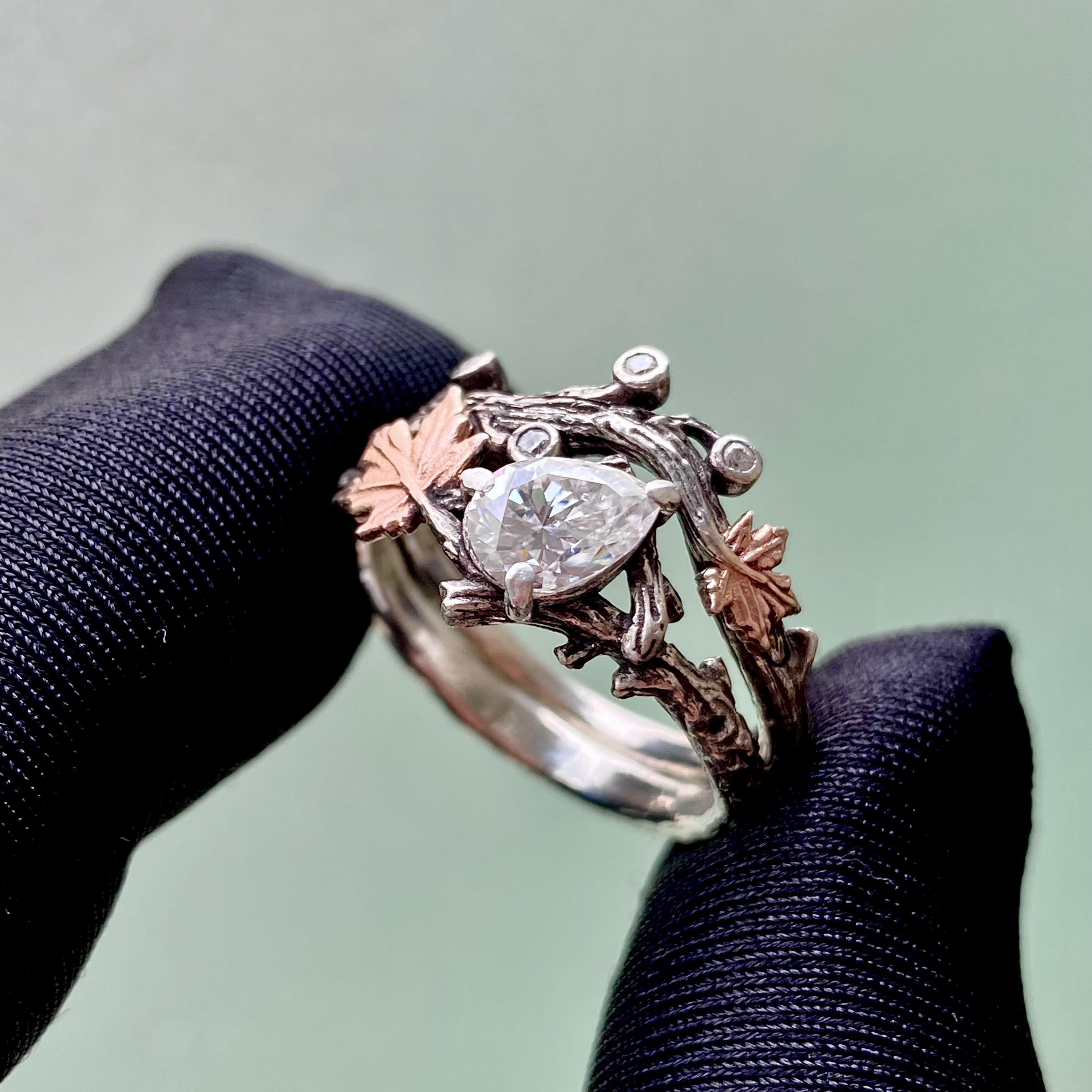 Engraved Sterling Silver Maple Leaf Moissanite Ring: Forest Twig Engagement ring, wedding band with stone, stackable,bridal gift
