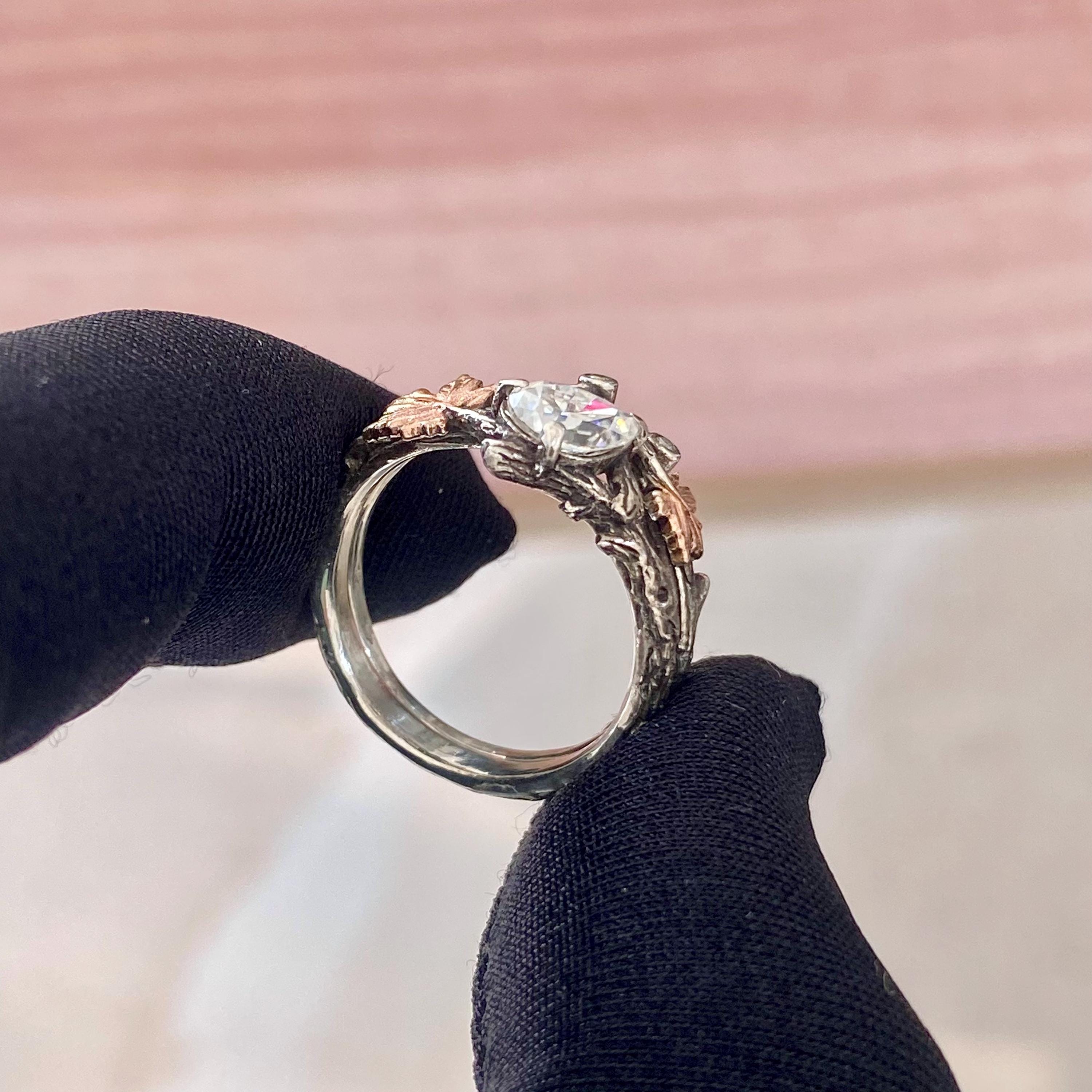 Engraved Sterling Silver Maple Leaf Moissanite Ring: Forest Twig Engagement ring, wedding band with stone, stackable,bridal gift