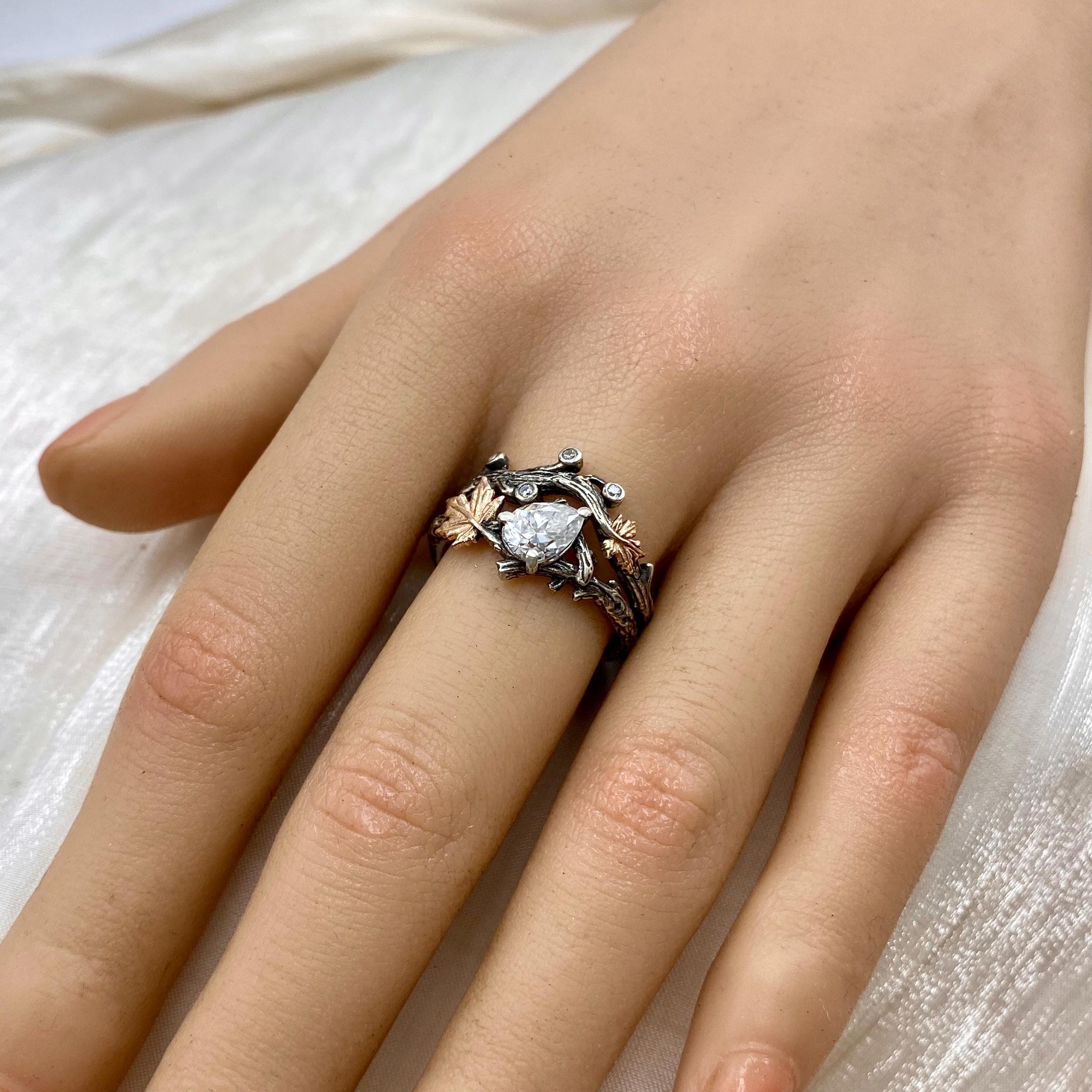 Engraved Sterling Silver Maple Leaf Moissanite Ring: Forest Twig Engagement ring, wedding band with stone, stackable,bridal gift