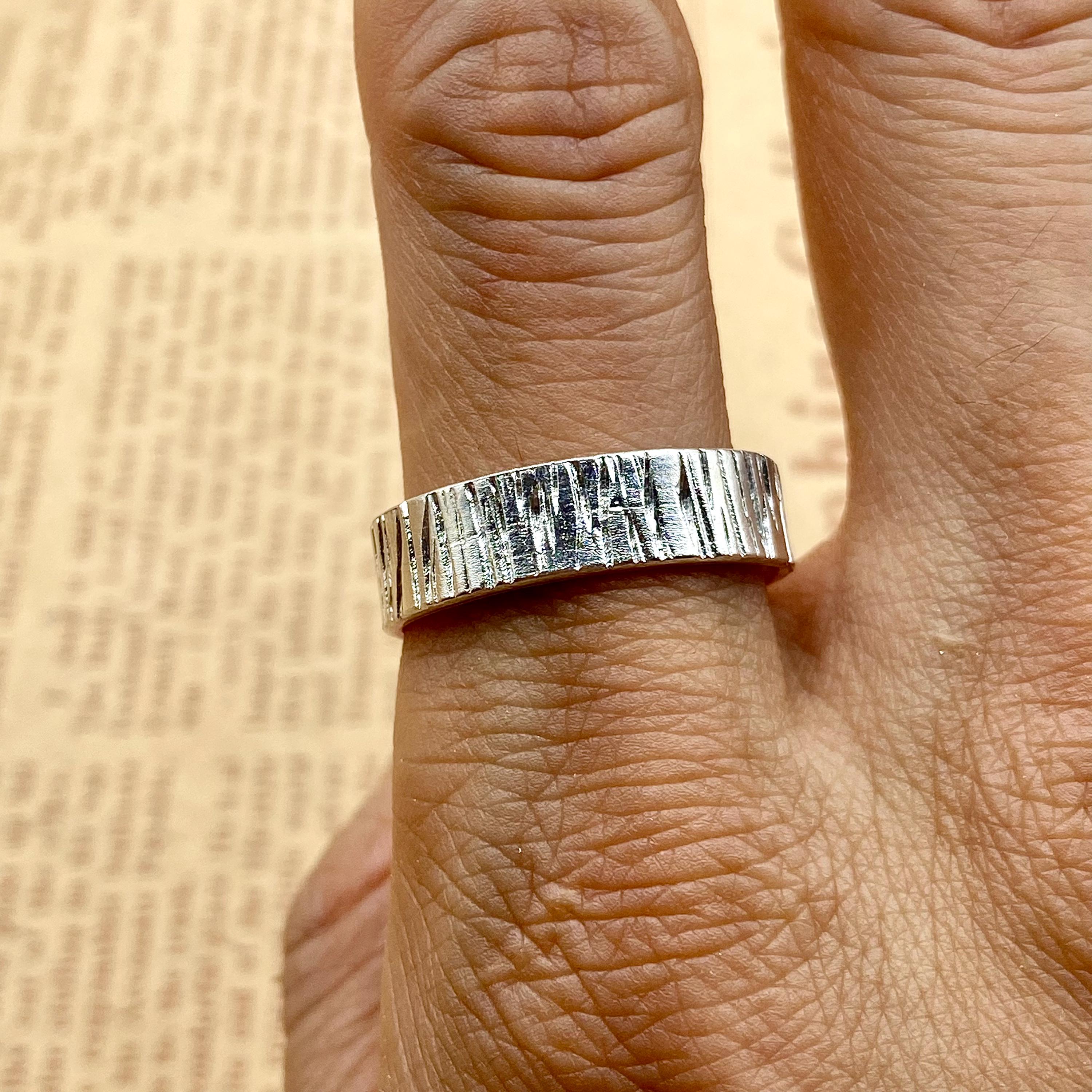 Hand-carved bark texture S999 silver ring, men's wedding ring, women's engagement ring, customizable ring width, engraved ring, couple rings